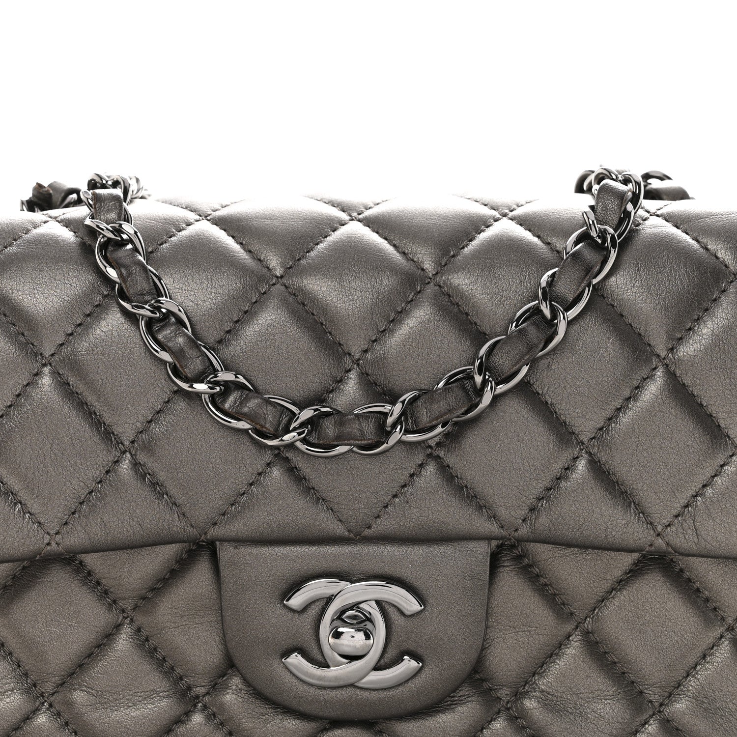Metallic Lambskin Quilted Mini Rectangular Flap Ruthenium