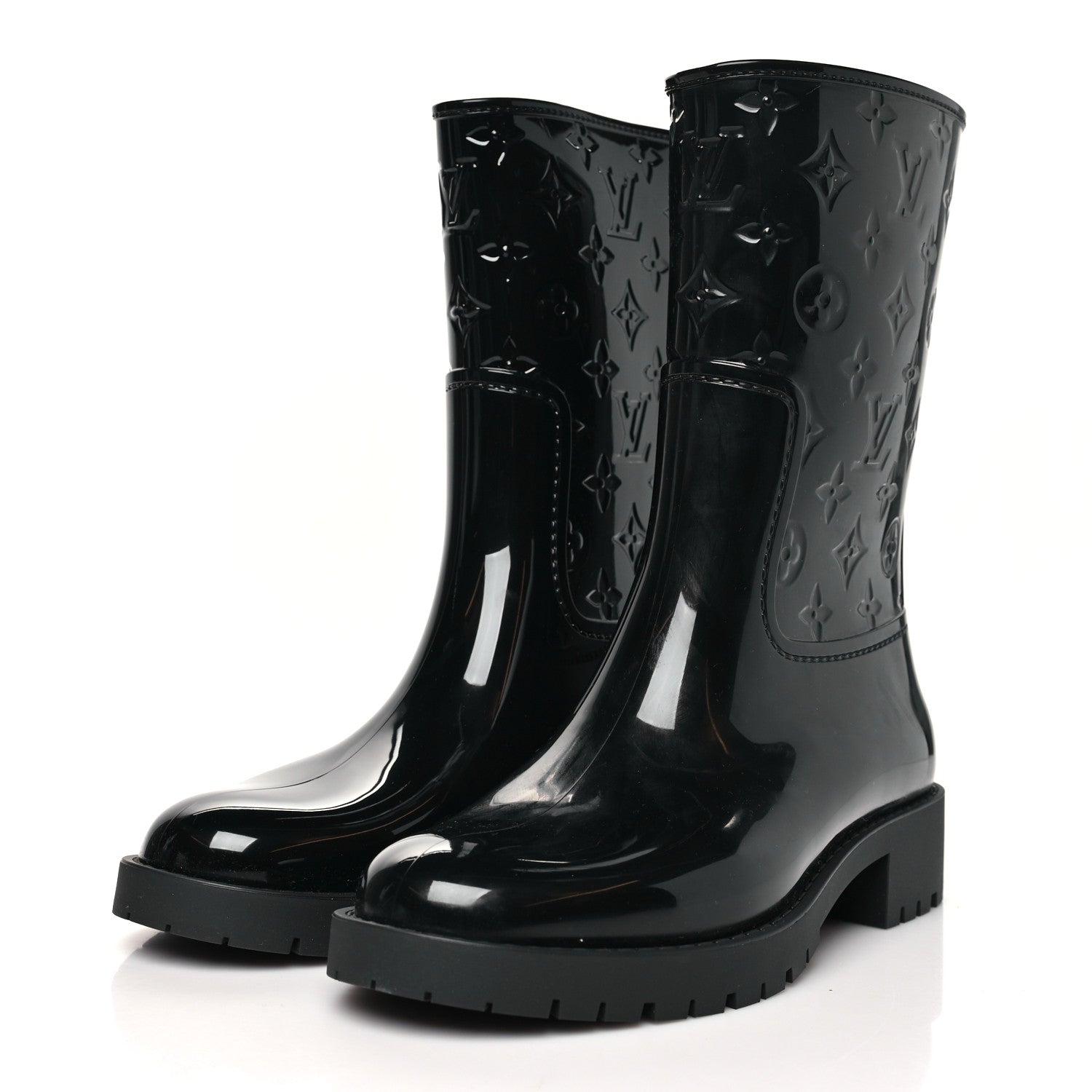 Rubber Embossed Monogram Splash Rain Short Boots 38 Black