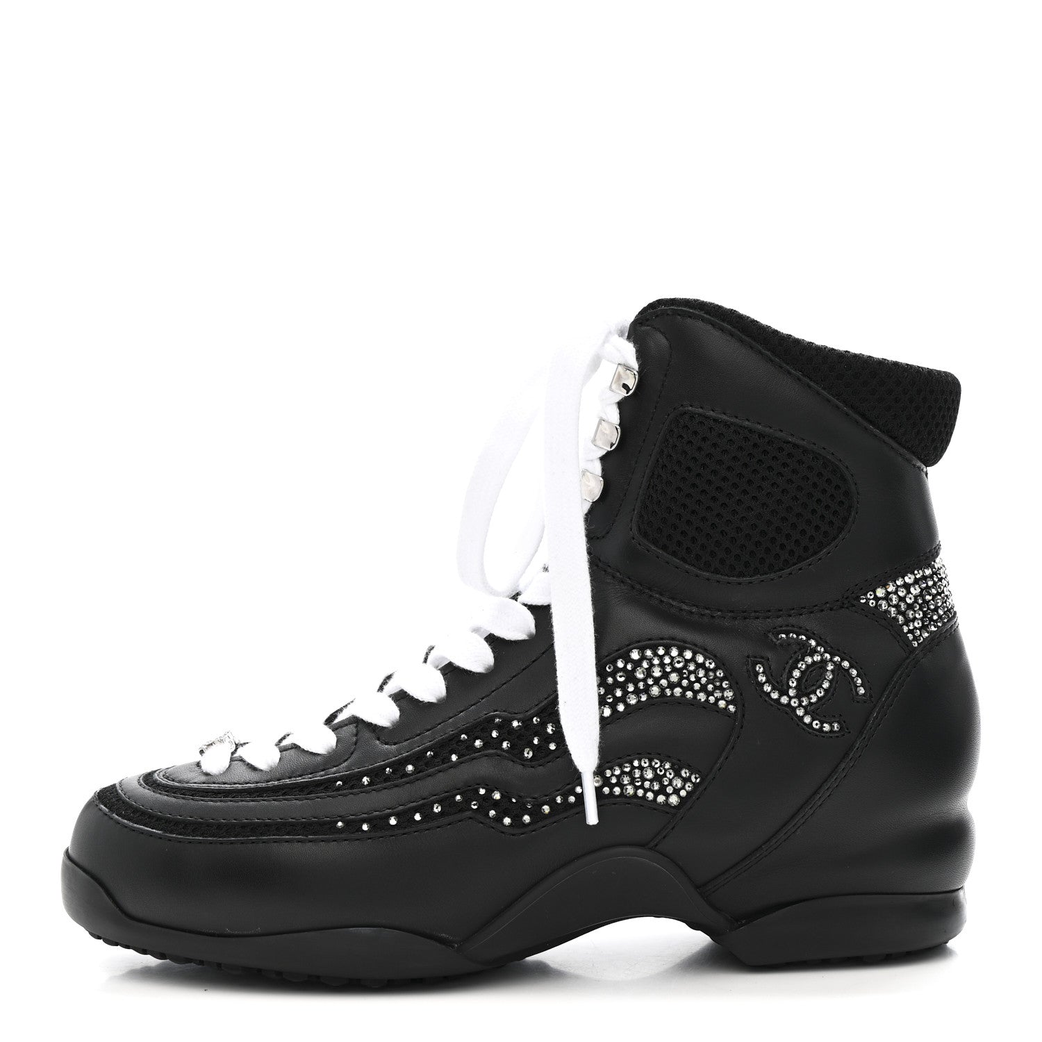 Calfskin Mesh Strass Womens CC Sneakers 37 Black Silver
