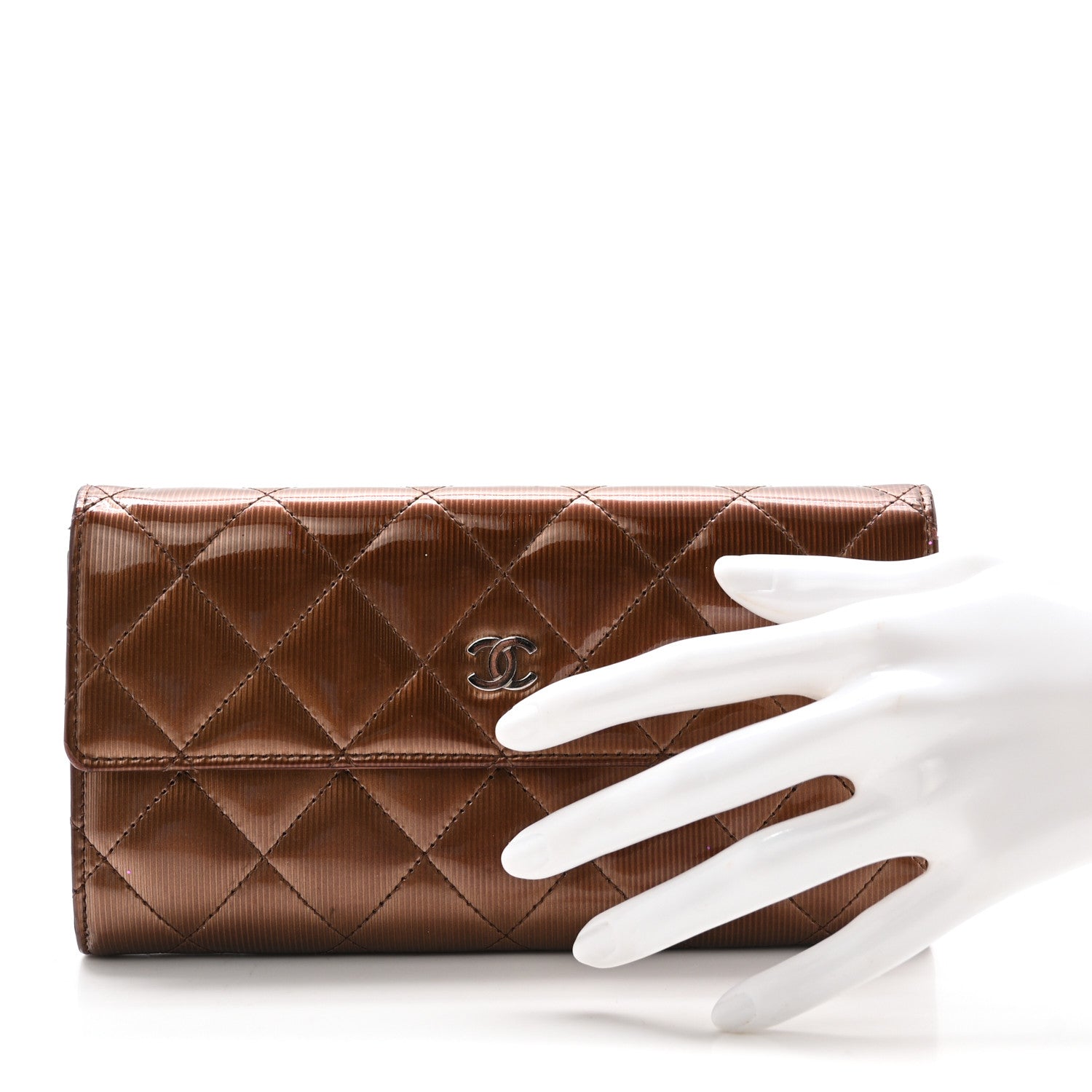 Striated Patent Quilted Large Gusset Flap Wallet Bronze