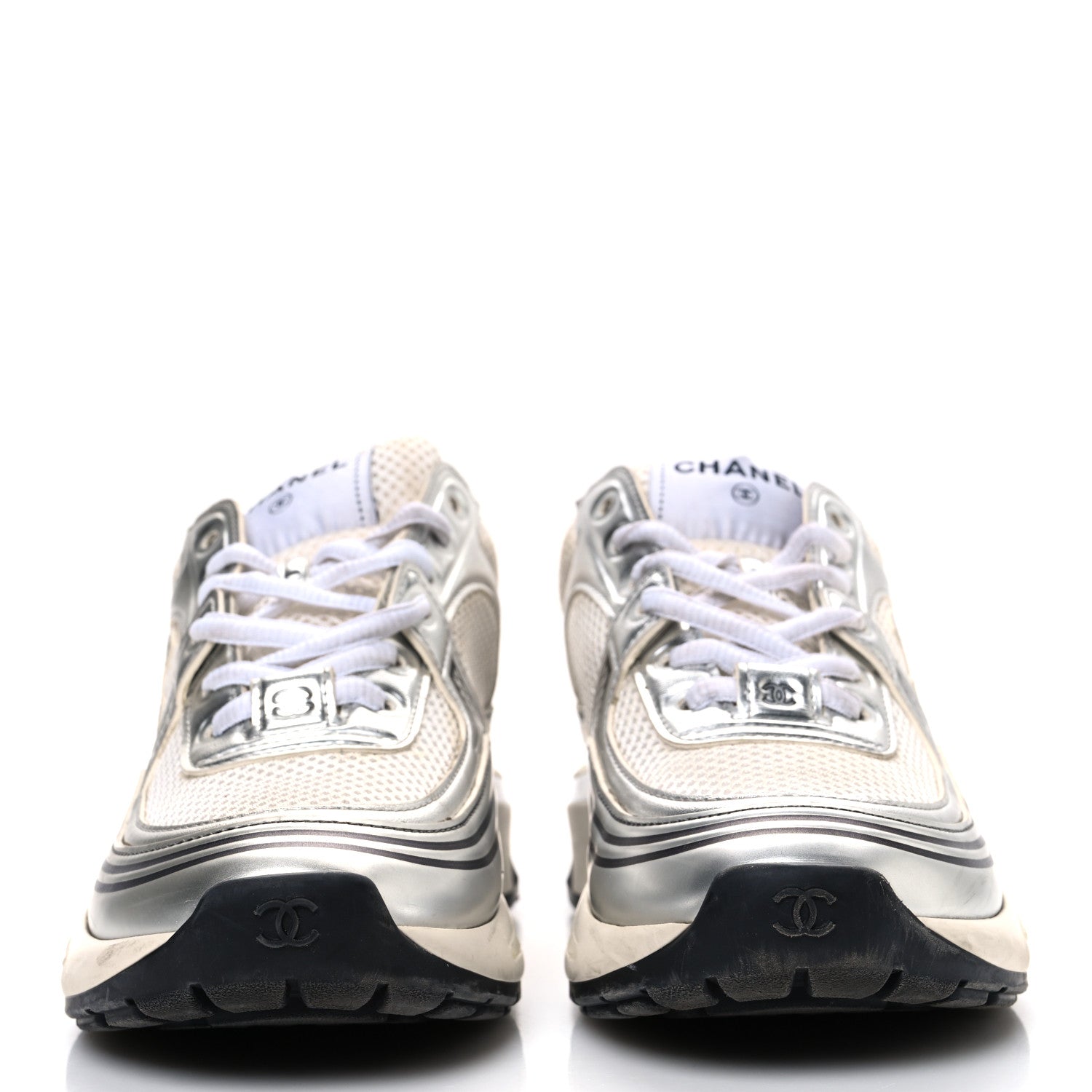 Fabric Laminated Calfskin Stretch CC Sneakers 37 White Silver
