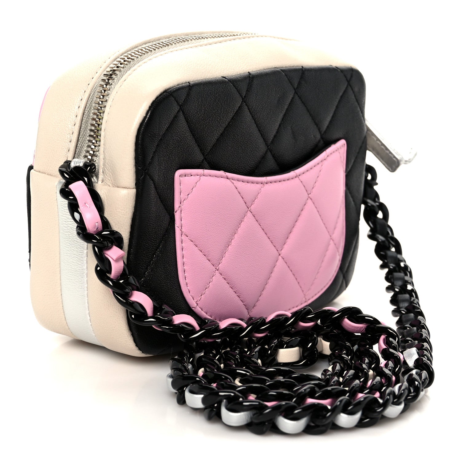 Shiny Lambskin Monochrome Chain Mini Camera Case Bag Pink Black Silver