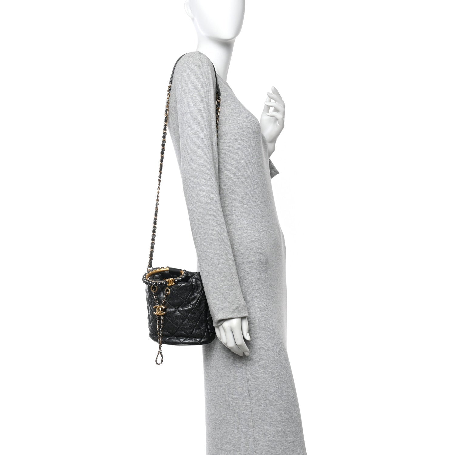 Metallic Lambskin Quilted Pearl Crown Drawstring Bag Anthracite