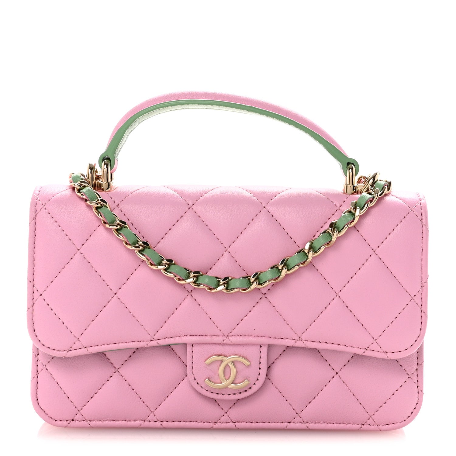 Lambskin Quilted Flap Phone Holder With Chain Lilac Light Green