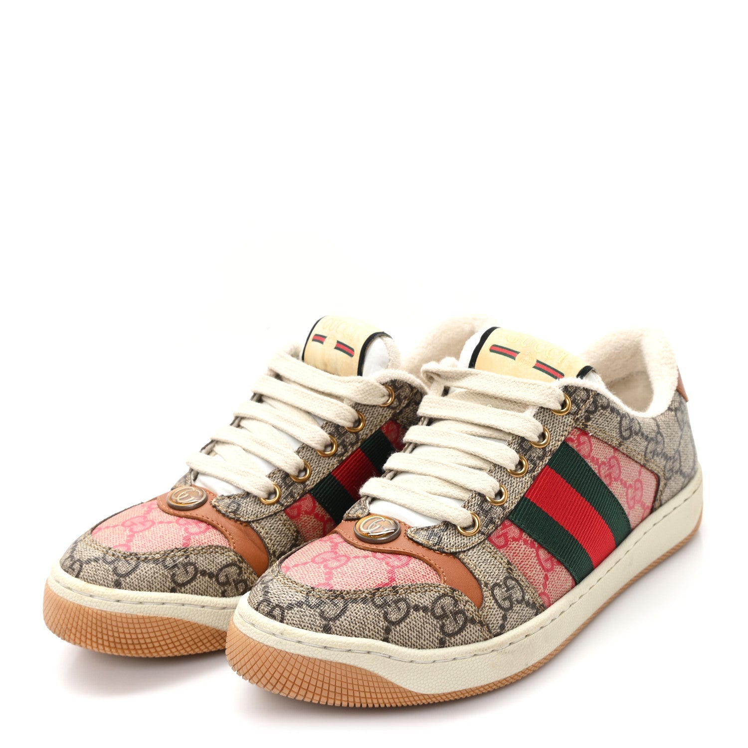 GG Supreme Monogram Harness Calfskin Web Womens Screener Sneakers 35 Beige Ebony Rosso Harness Brown