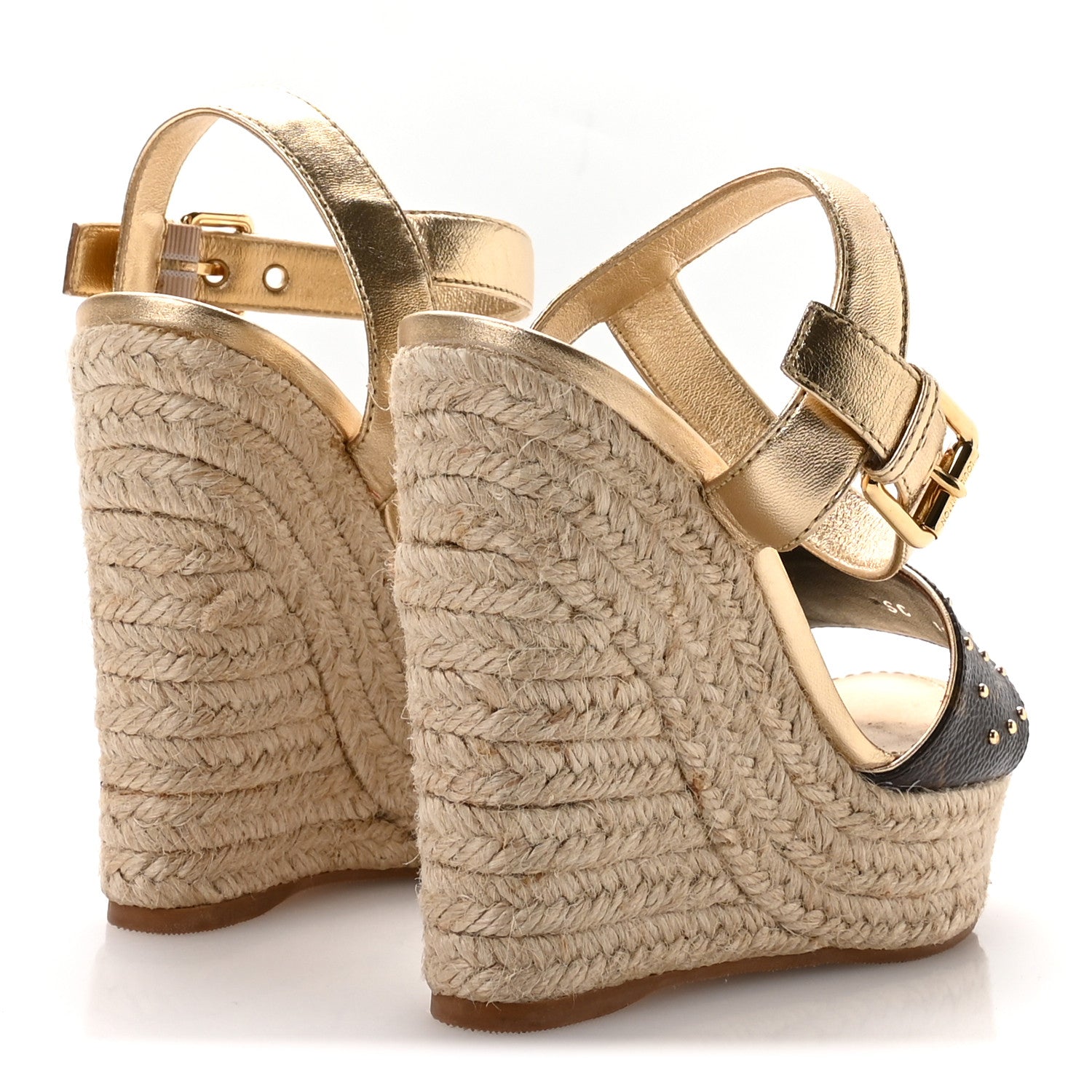 Metallic Monogram Calfskin Studded Wedge Sandals 35 Gold