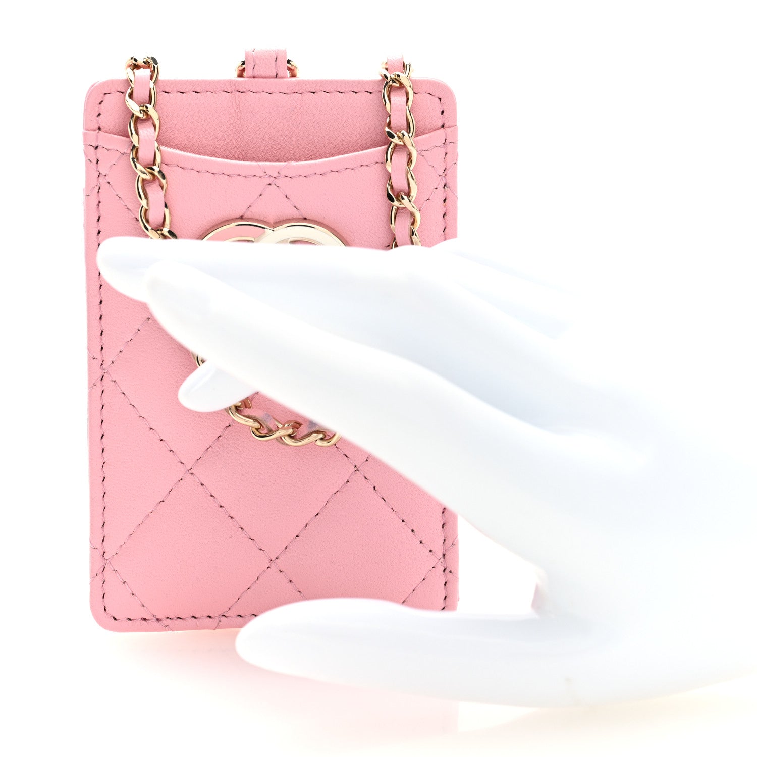 Lambskin Quilted Chanel Card Holder On Chain Pink