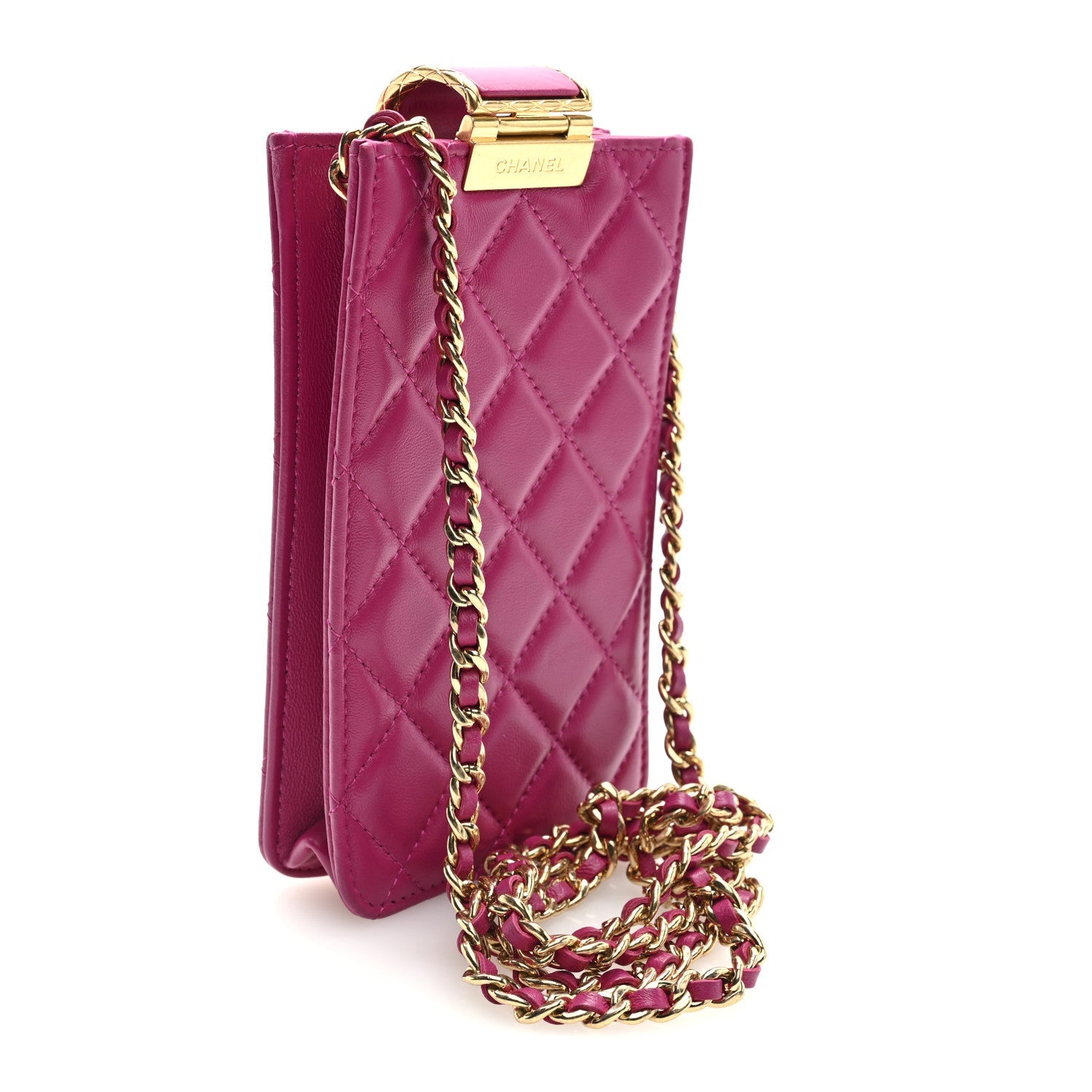 Lambskin Quilted Phone Holder With Chain Fuchsia