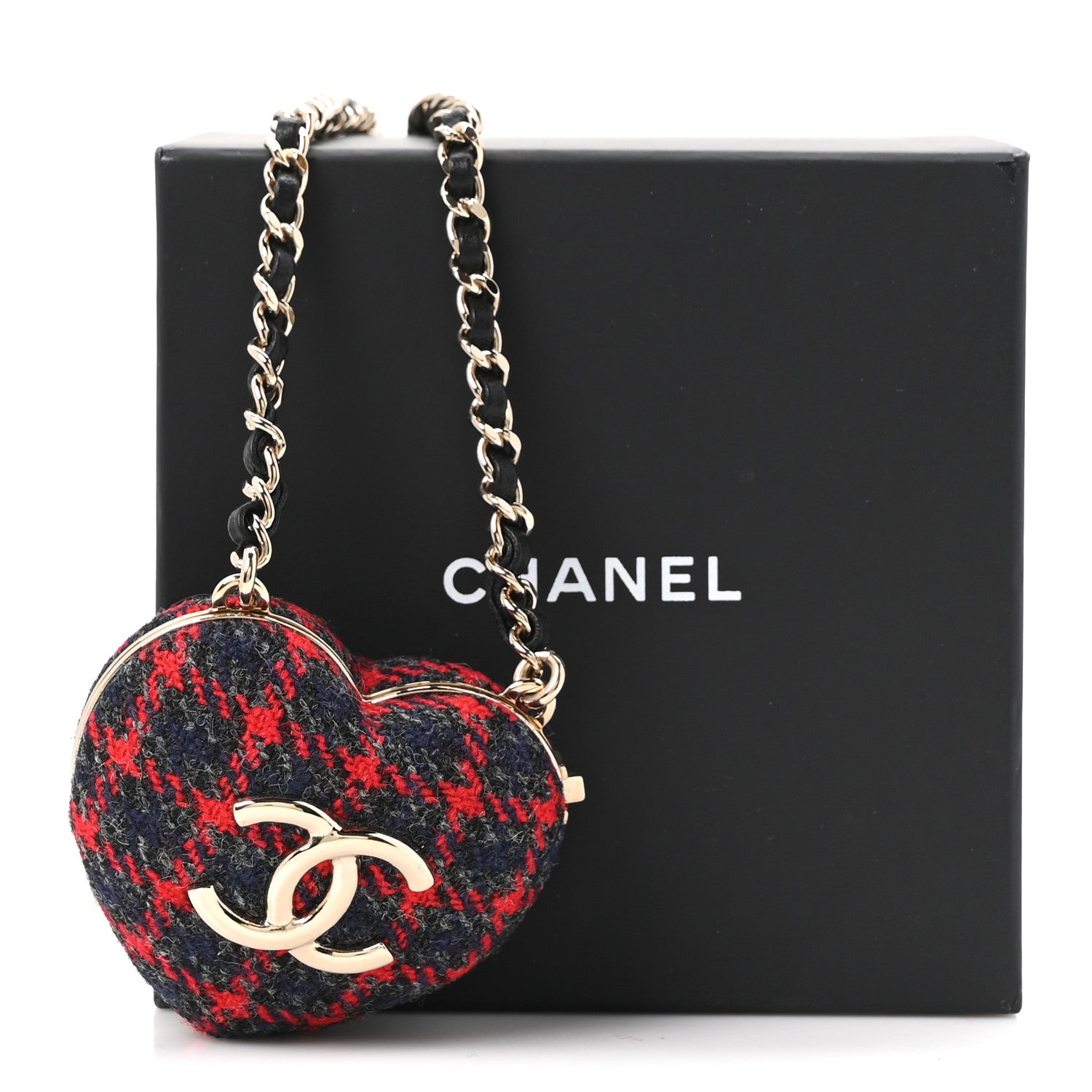 Tweed Lambskin CC Heart Locket Necklace Gold Grey Red Black