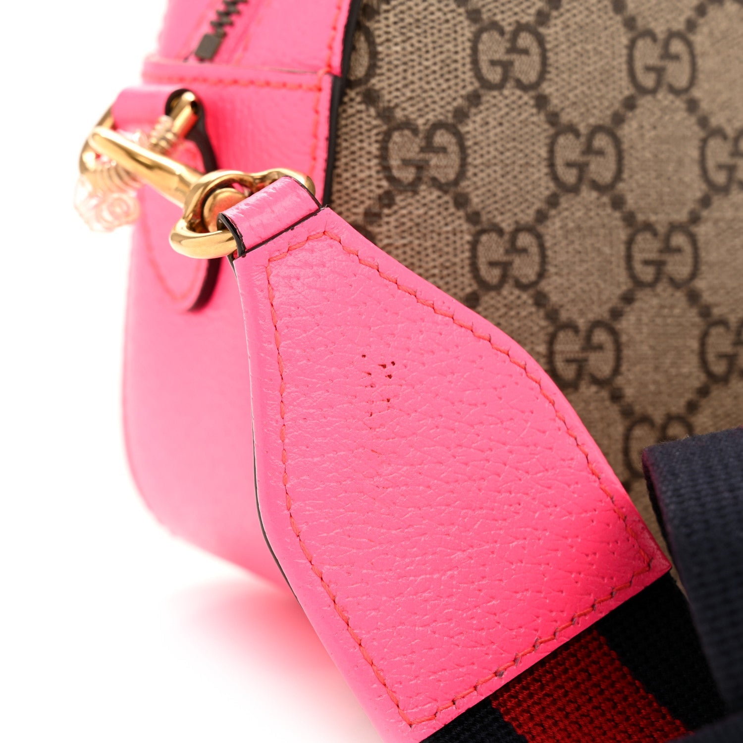 GG Supreme Monogram Textured Dollar Calfskin Web Ophidia Small Crossbody Bag Beige Ebony Fuchsia