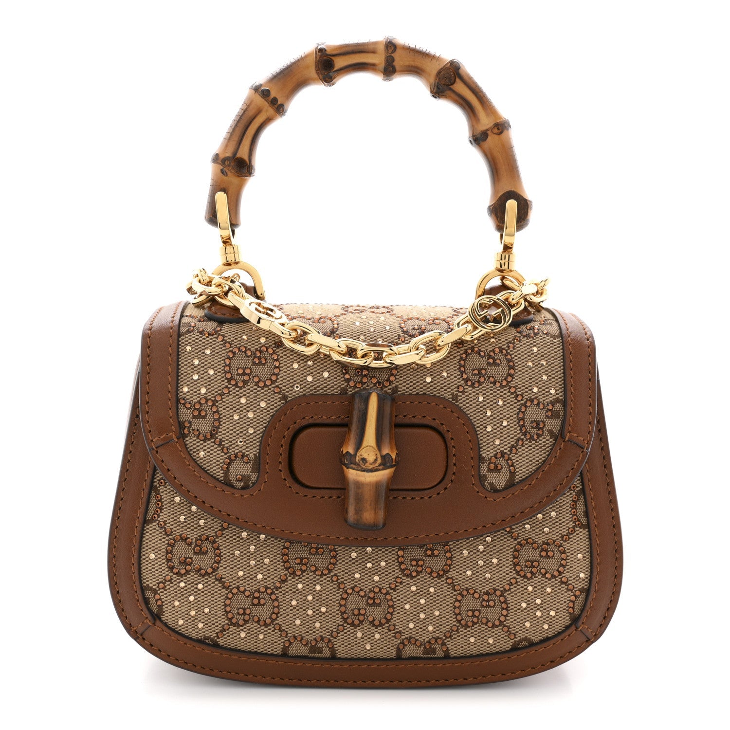 New Canvas Charisma Calfskin Crystal GG Monogram Small Bamboo 1947 Top Handle Bag Camel Ebony