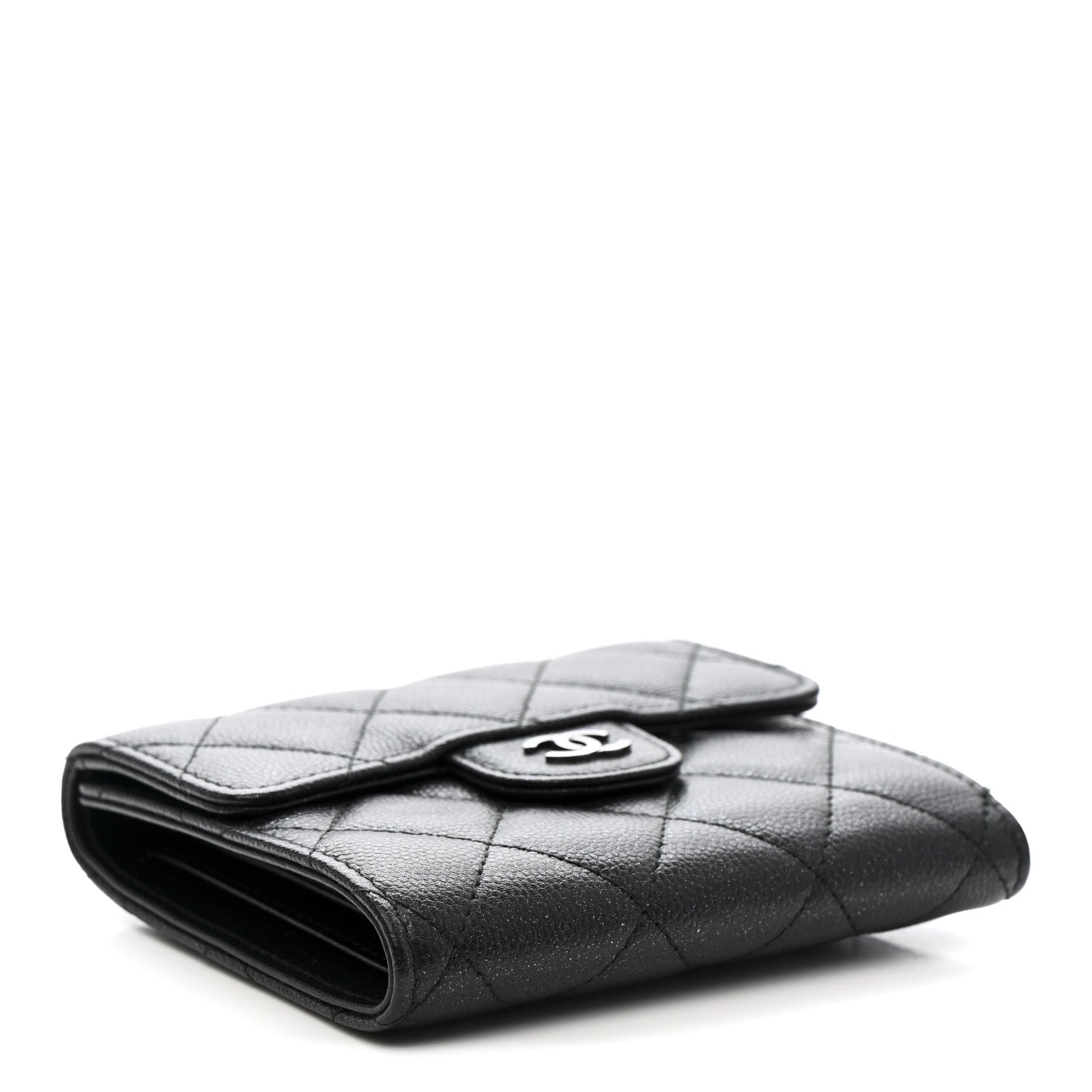 Iridescent Caviar Quilted Compact Flap Wallet Black