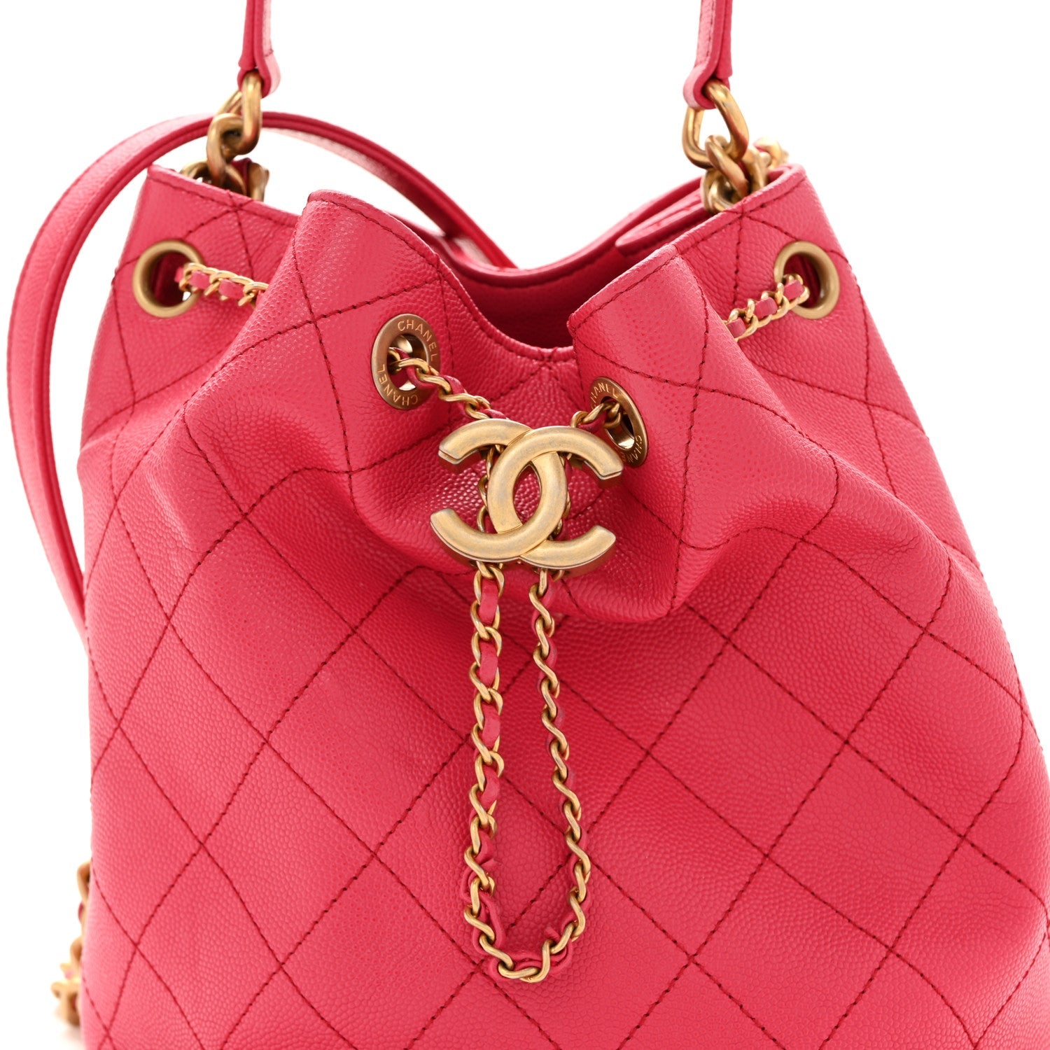 Caviar Quilted Fashion Therapy Bucket Drawstring Bag Dark Pink