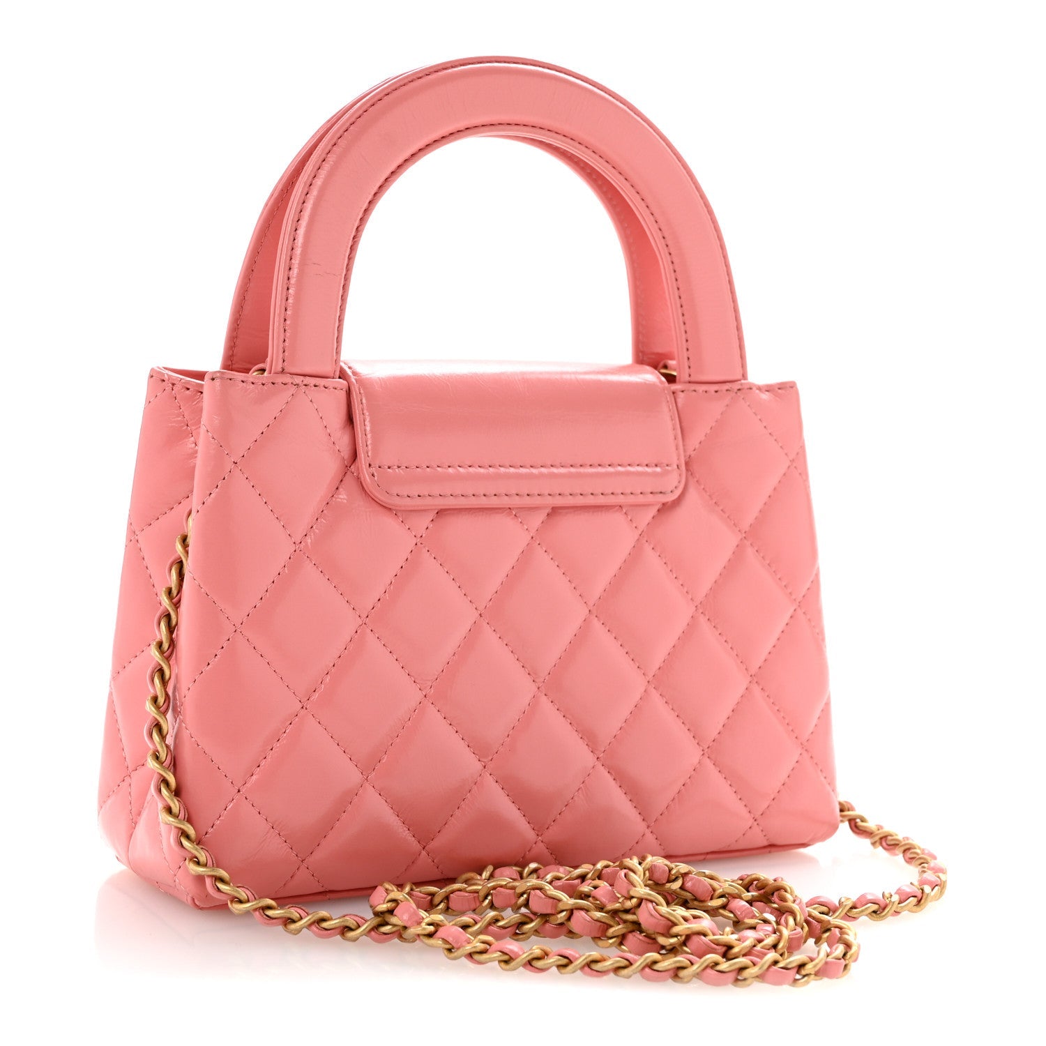 Shiny Aged Calfskin Quilted Nano Kelly Shopper Coral Pink