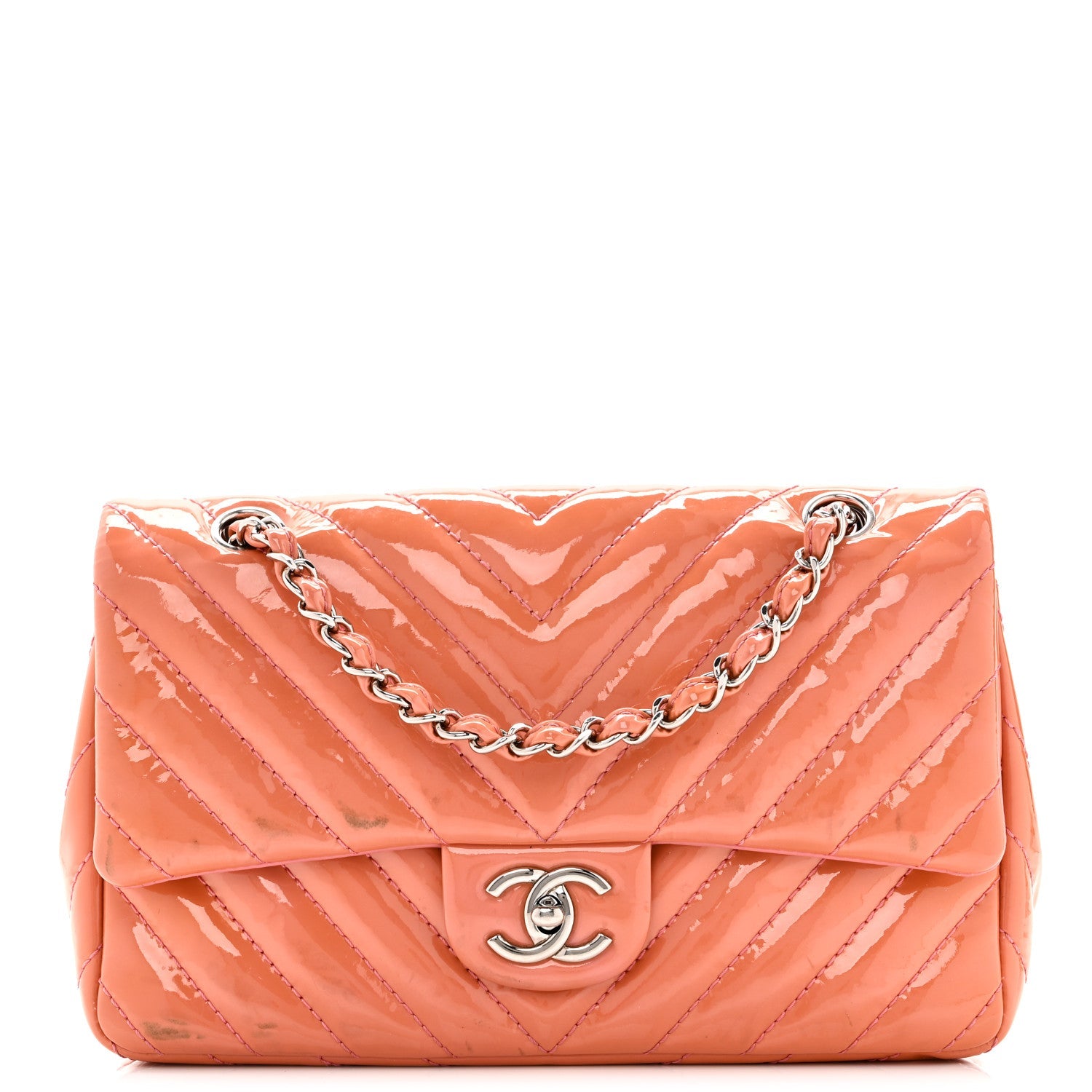 Patent Chevron Quilted Medium Single Flap Pink