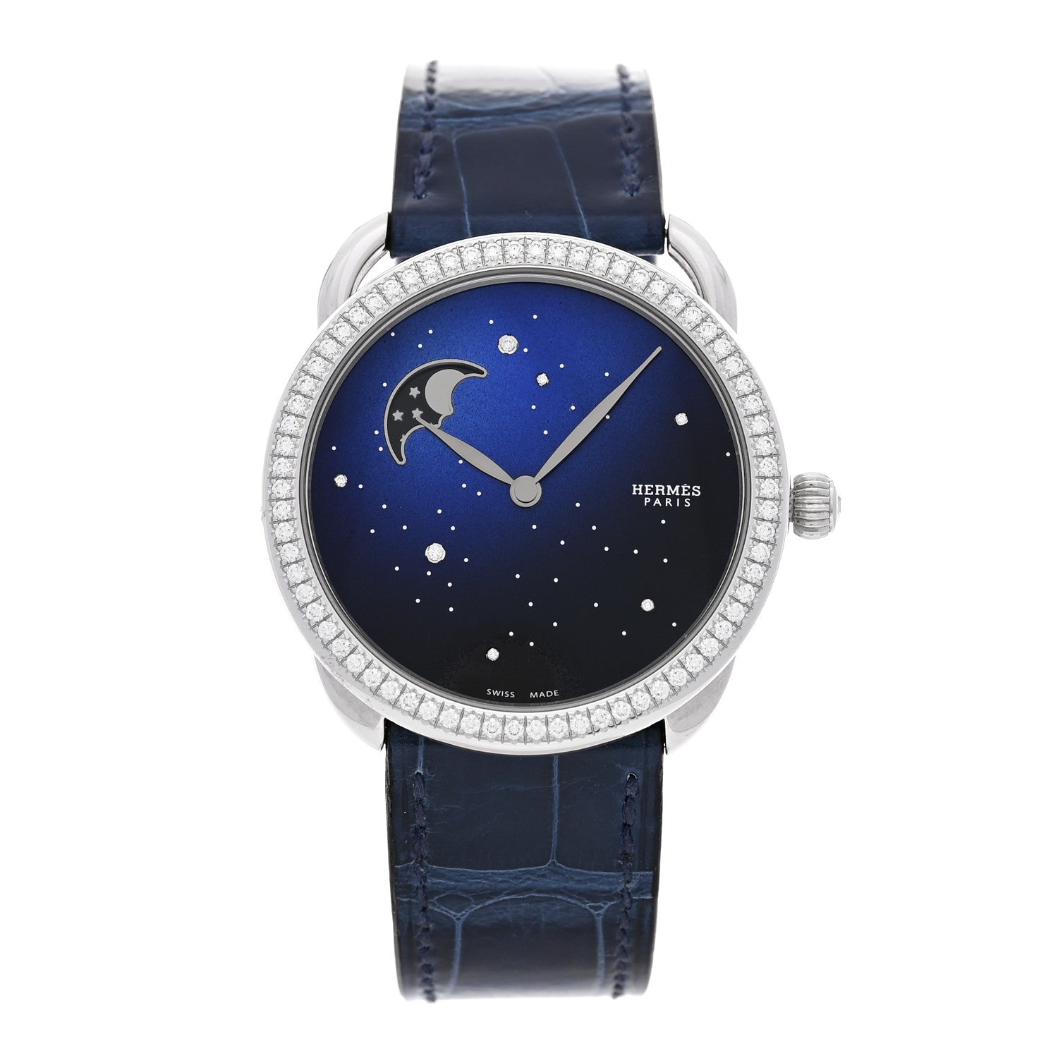 Stainless Steel Alligator Diamond Bezel Blue Mother of Pearl 38mm Arceau Petite Lune Automatic Watch Bleu Saphir