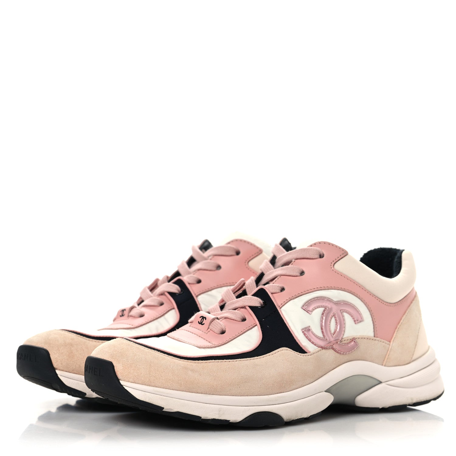 Nylon Lambskin Suede Calfskin CC Sneakers 39.5 Pink White Black