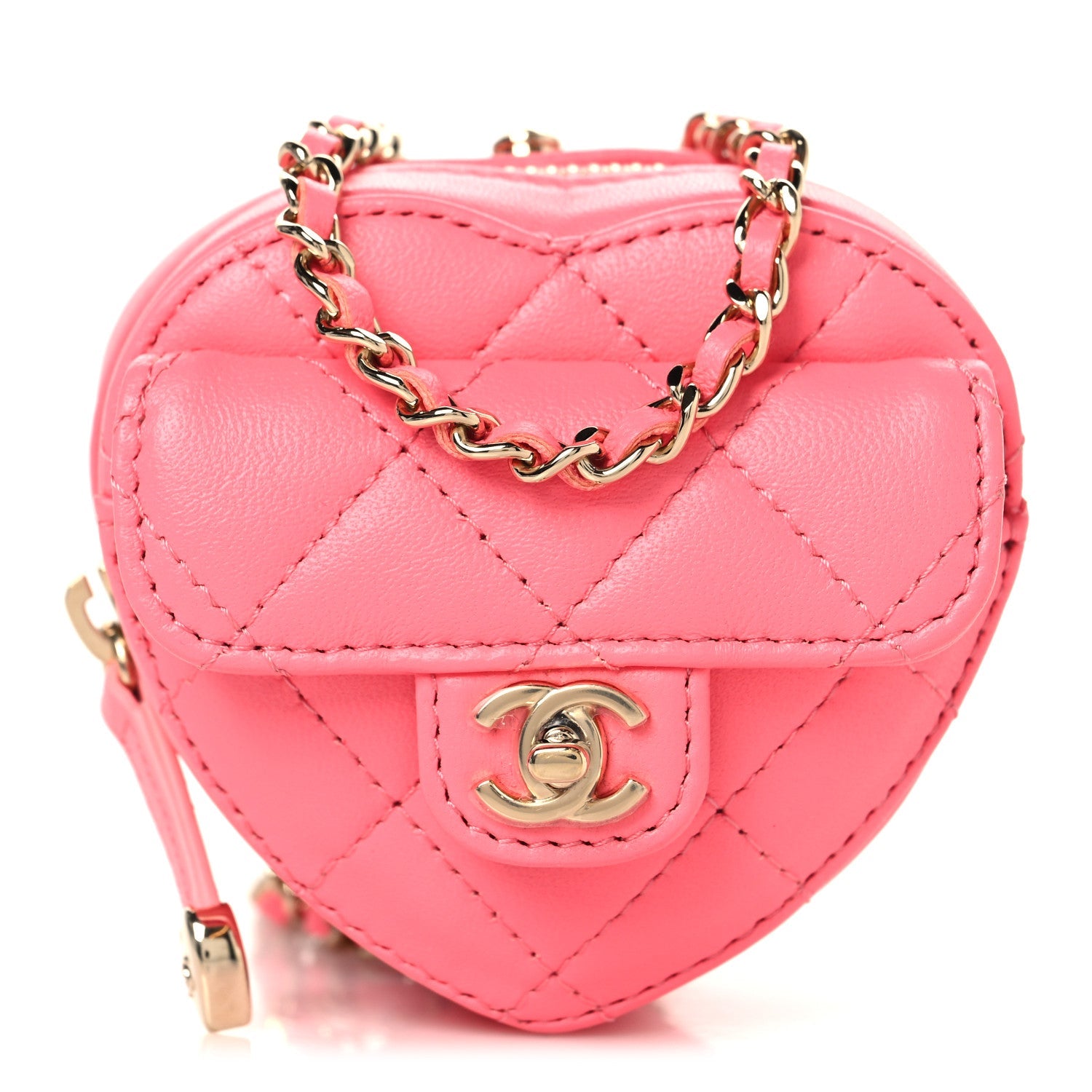 Lambskin Quilted CC In Love Heart Coin Purse With Chain  Pink