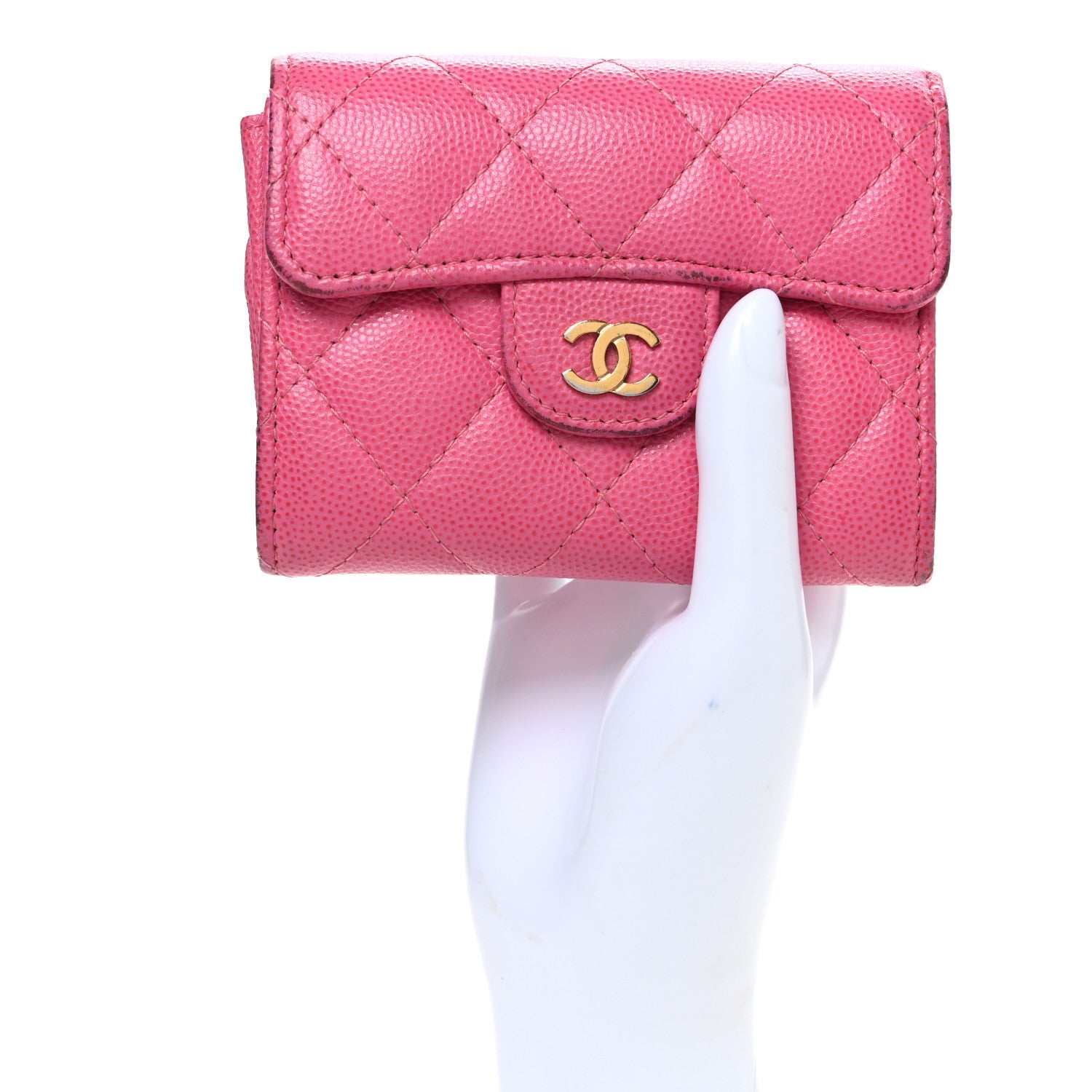 Caviar Quilted Flap Card Holder Wallet Dark Pink