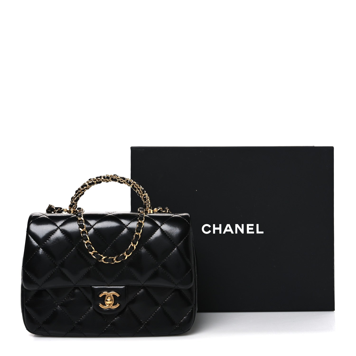 Shiny Lambskin Quilted Twisted Links Top Handle Flap Black