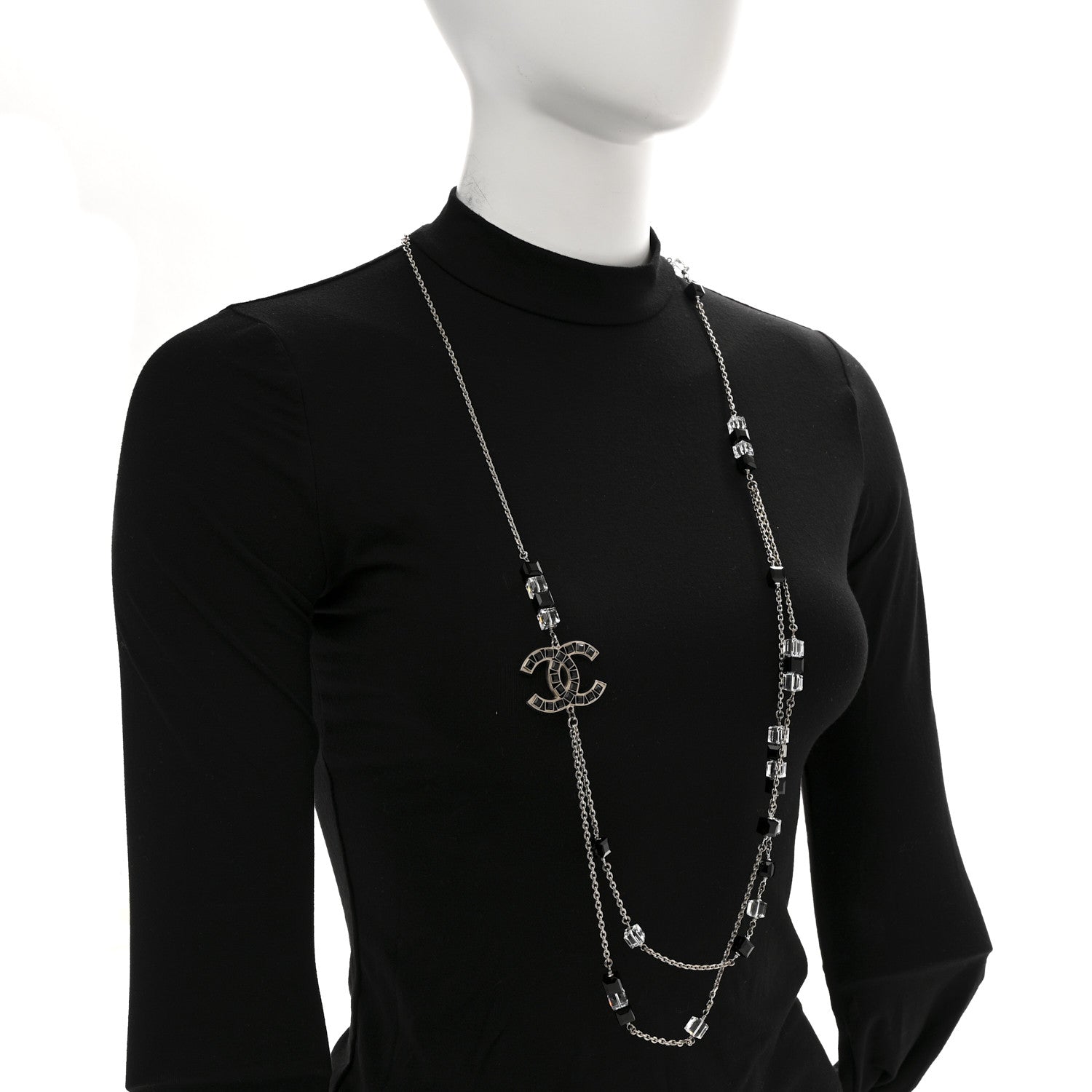 Crystal Bead CC Long Necklace Silver Black Transparent