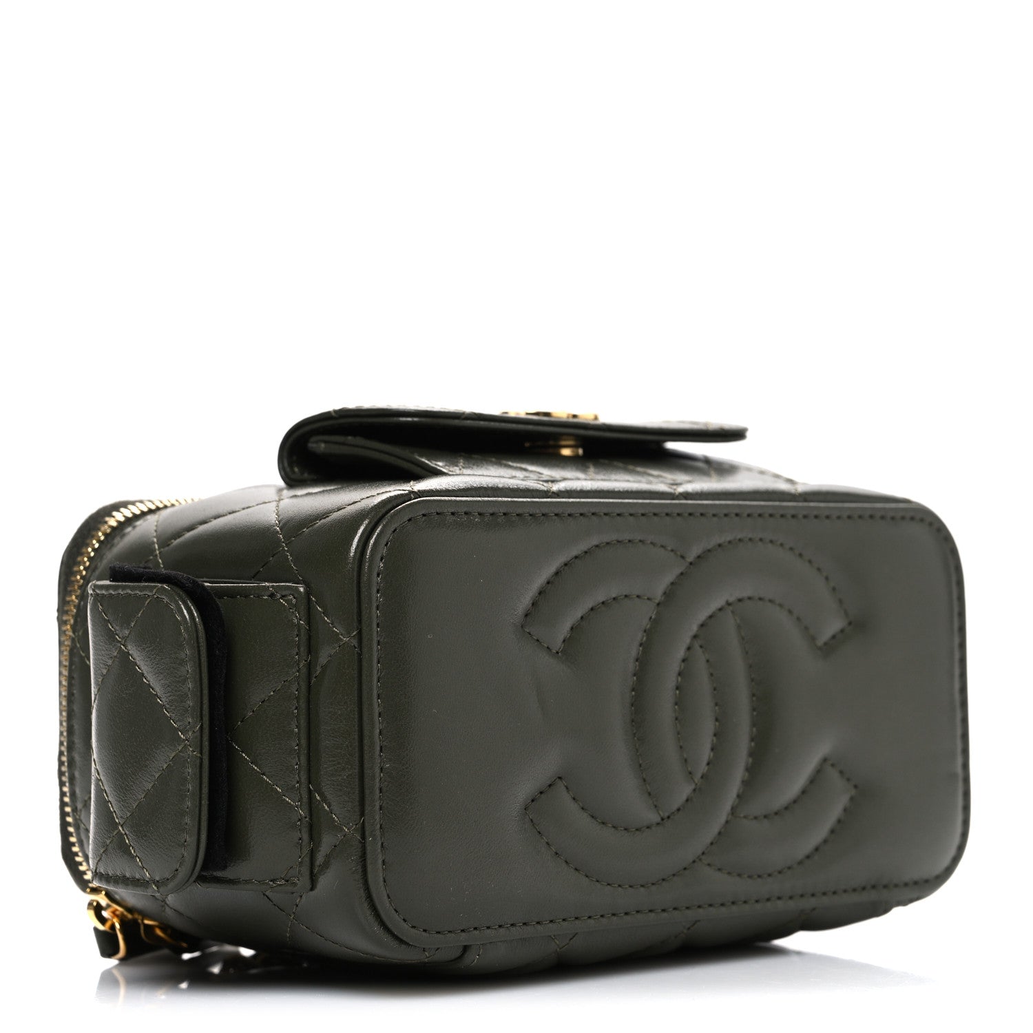 Lambskin Quilted Polly Pocket East West Top Vanity With Chain Khaki