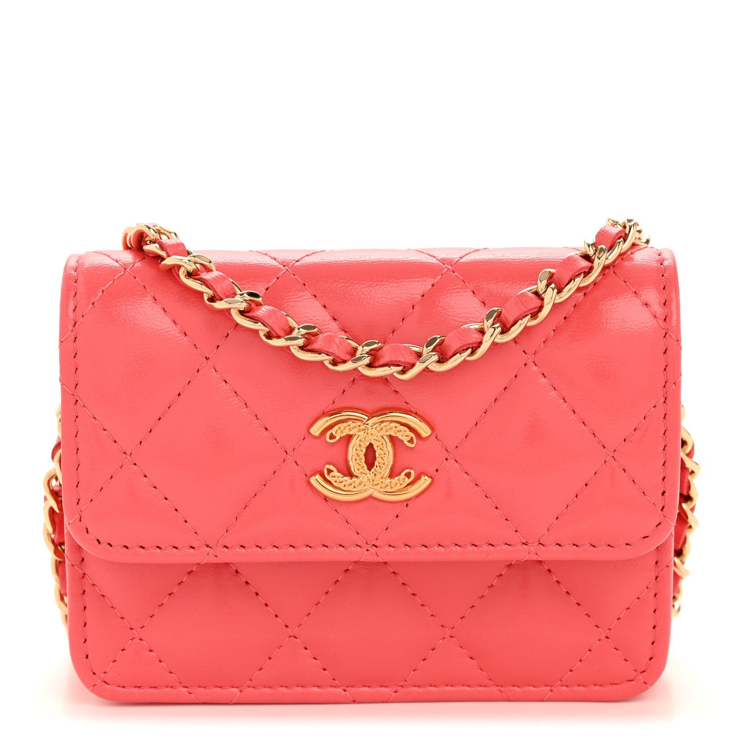 Shiny Lambskin Quilted Card Holder On Chain Pink