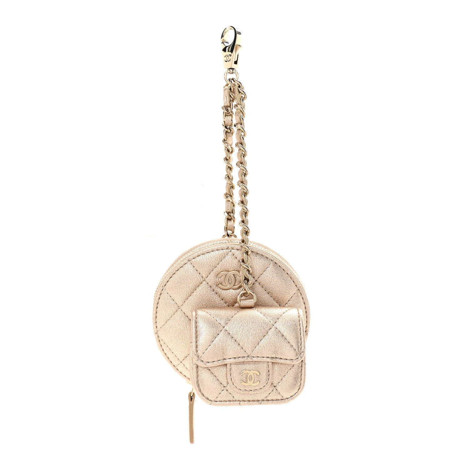 Metallic Lambskin Quilted Round Clip On Coin Purse Airpods Case Gold