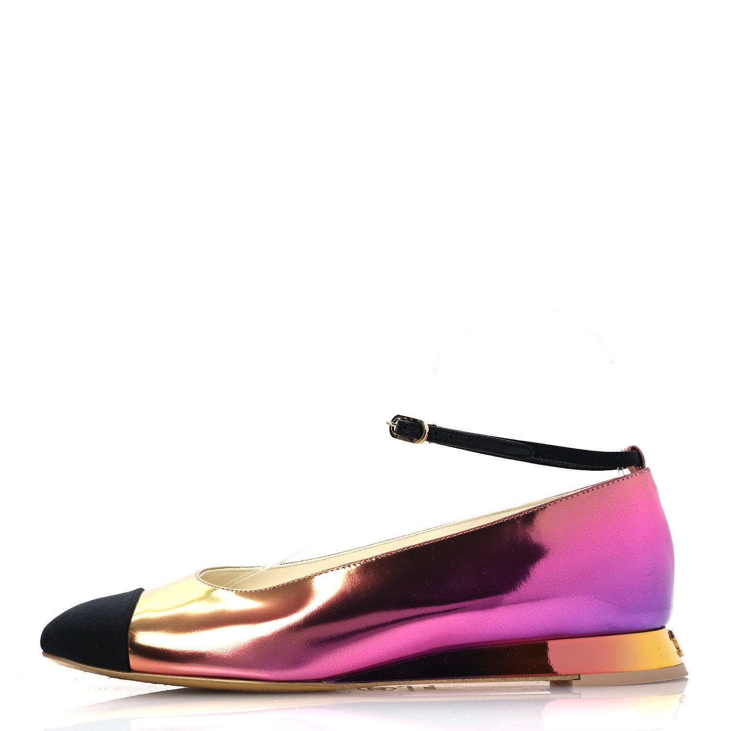 Laminated Calfskin Grosgrain Cap Toe CC Flats 36.5 Pink Orange Yellow Black