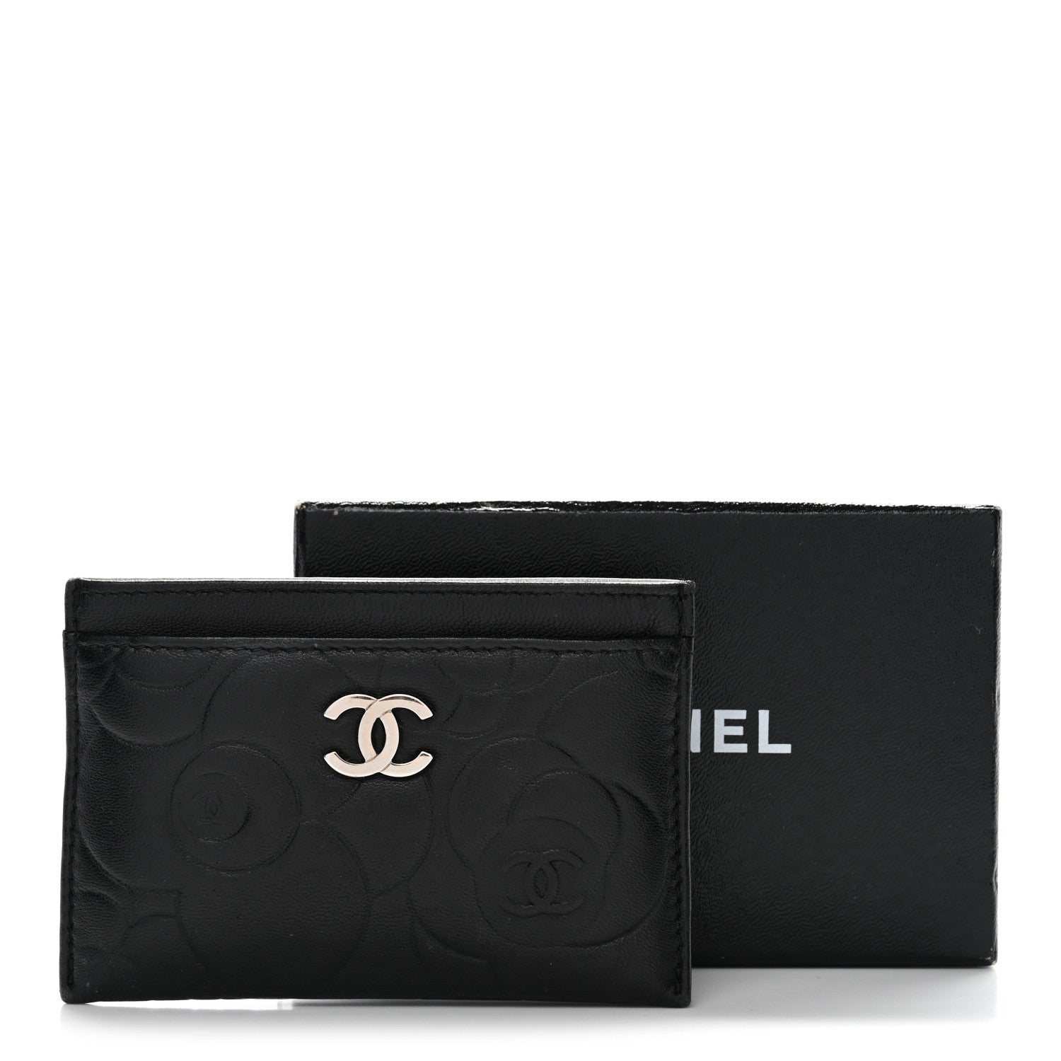 Lambskin Camellia Embossed Card Holder Black