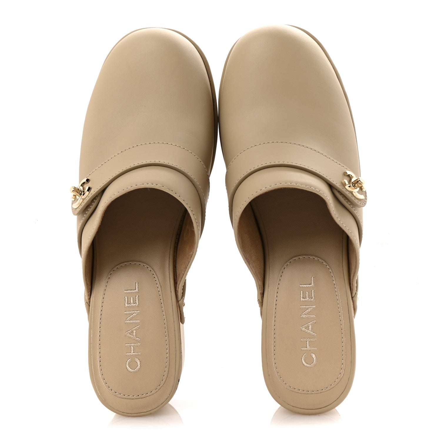 Calfskin CC Turn Lock Clogs 38 Beige