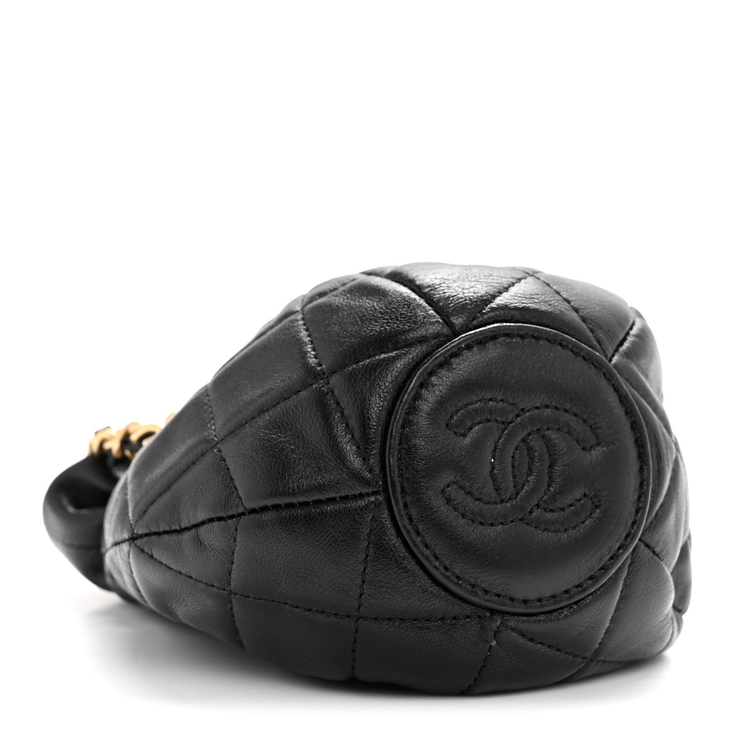 Shiny Lambskin Quilted Mini Drawstring CC Bucket Bag Black