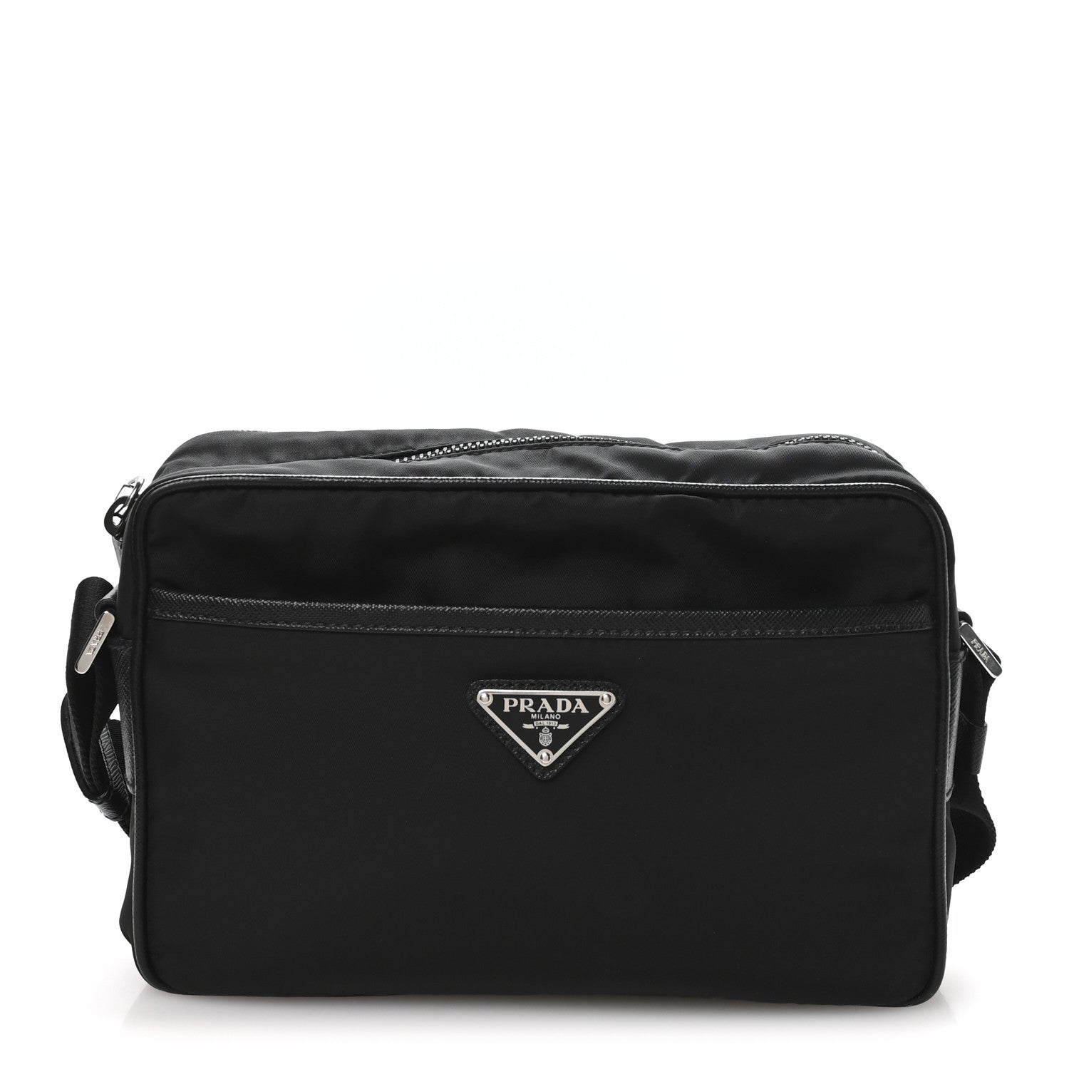 Re-Nylon Vela Saffiano Pocket Double Zip Shoulder Bag Black