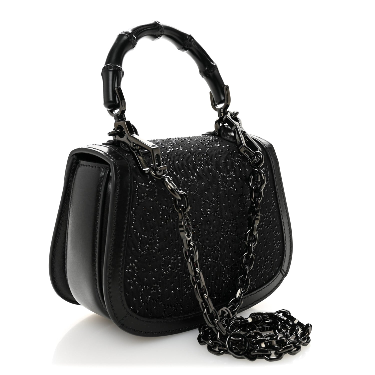 Moire Fabric Calfskin Rhinestone Monogram Monochrome Mini Bamboo 1947 Top Handle Chain Bag Black