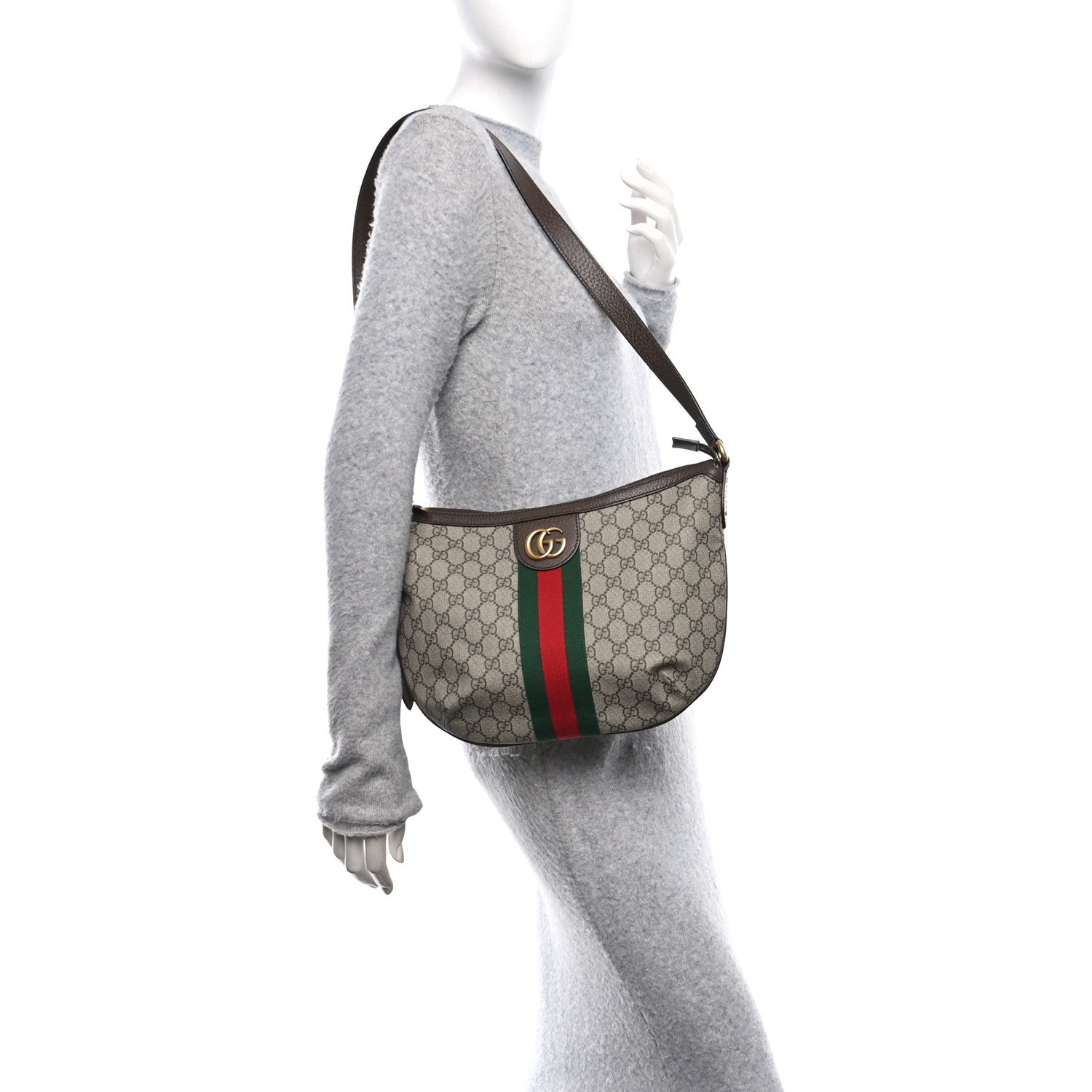 GG Supreme Monogram Web Small Ophidia Half Moon Hobo Brown