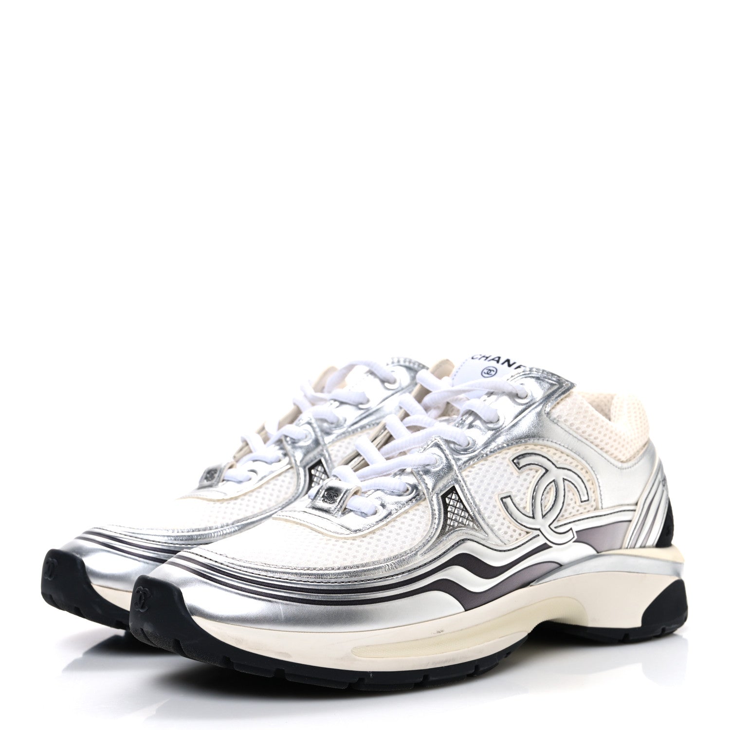 Fabric Laminated Calfskin Stretch CC Womens Sneakers 40 White Silver