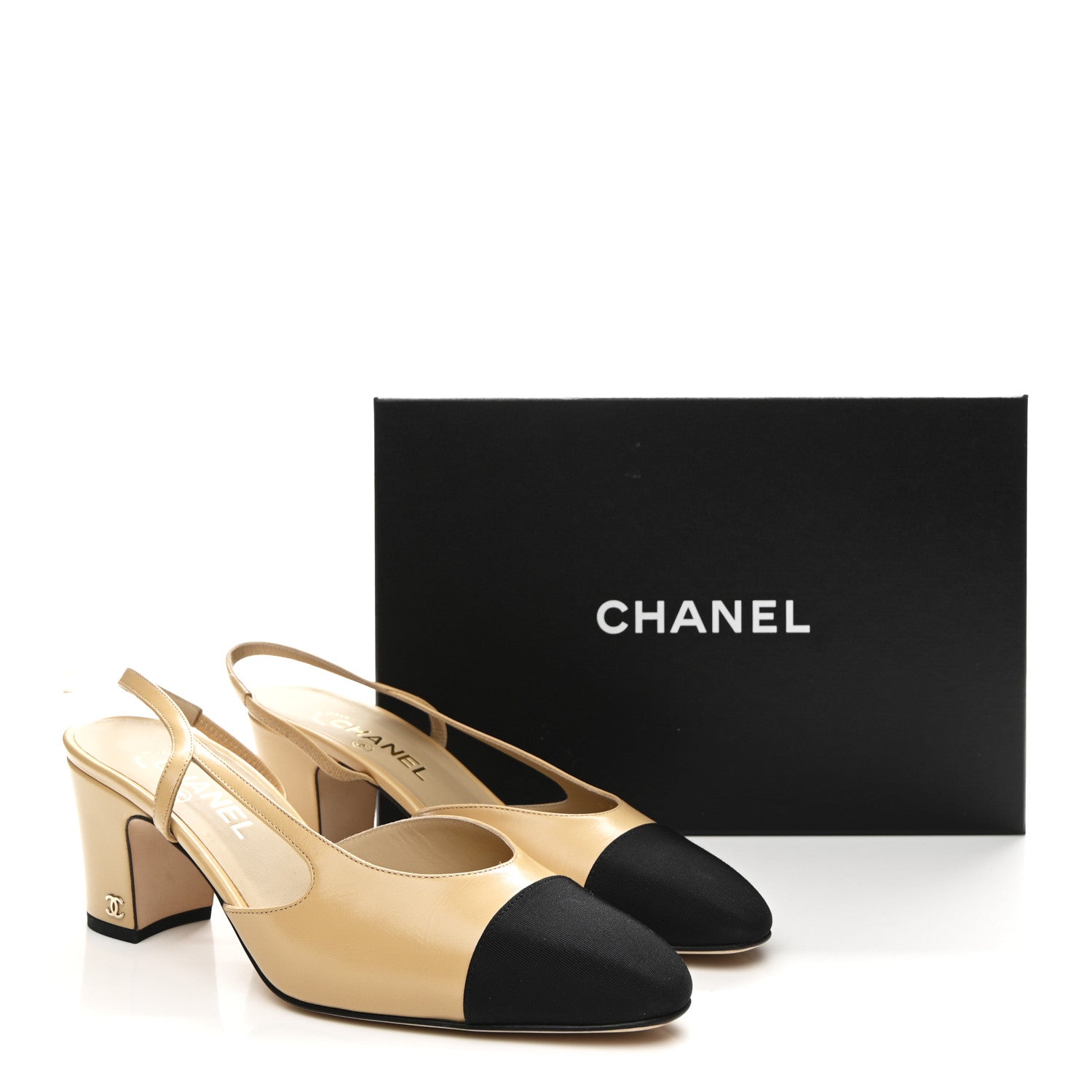 Goatskin Grosgrain Cap Toe CC Slingback Pumps 40.5 Beige Black