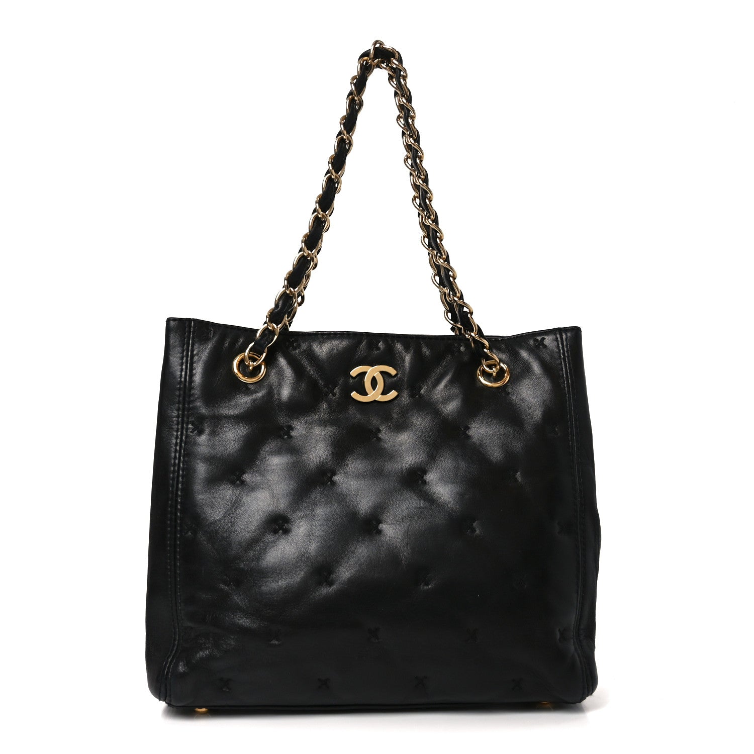 Lambskin Cross Stitch Shopper Tote Black