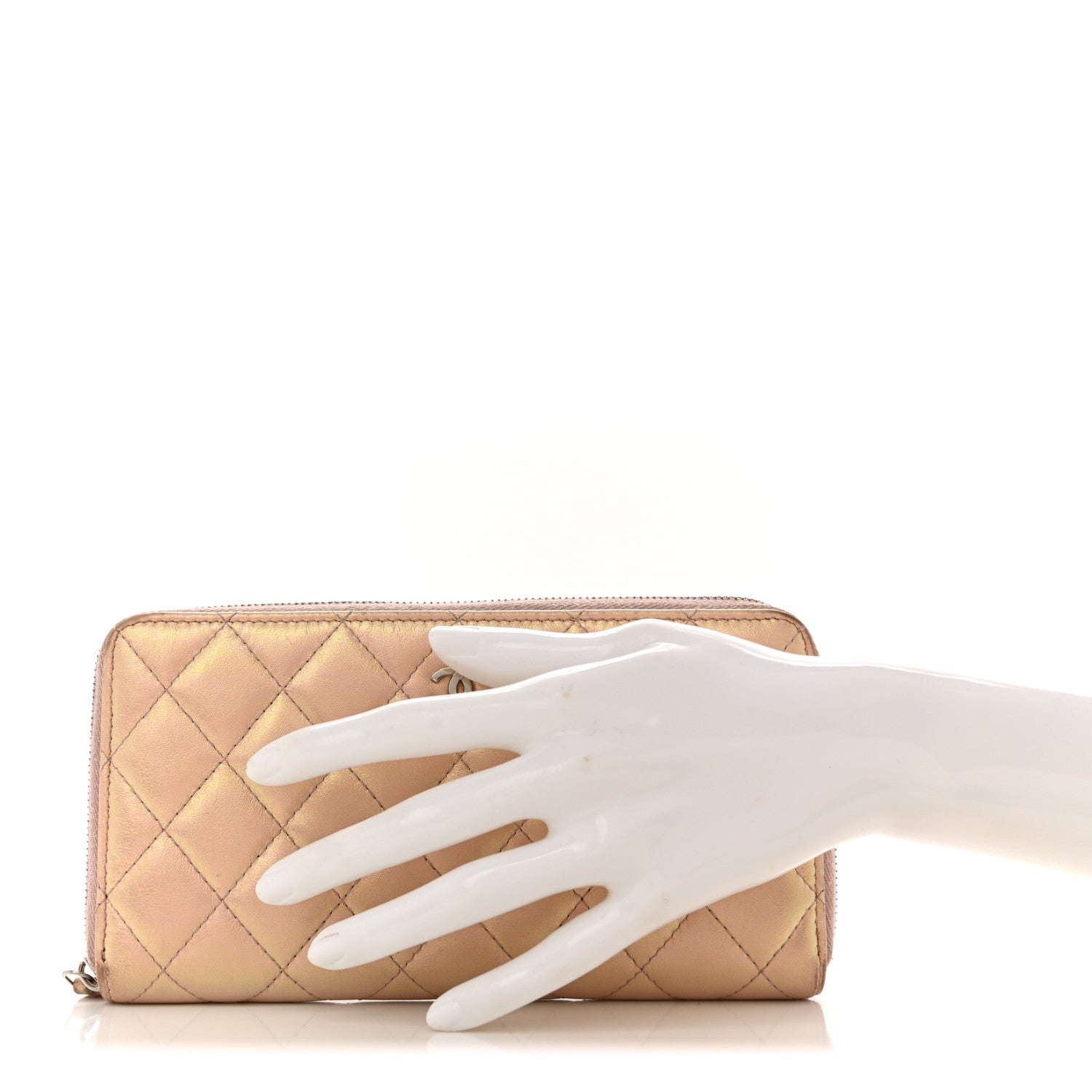 Iridescent Lambskin Quilted Large Gusset Zip Around Wallet Pink