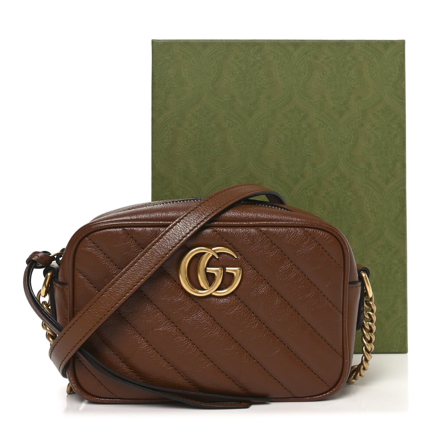 Glazed Calfskin Matelasse Diagonal Mini GG Marmont Chain Shoulder Bag Cuir