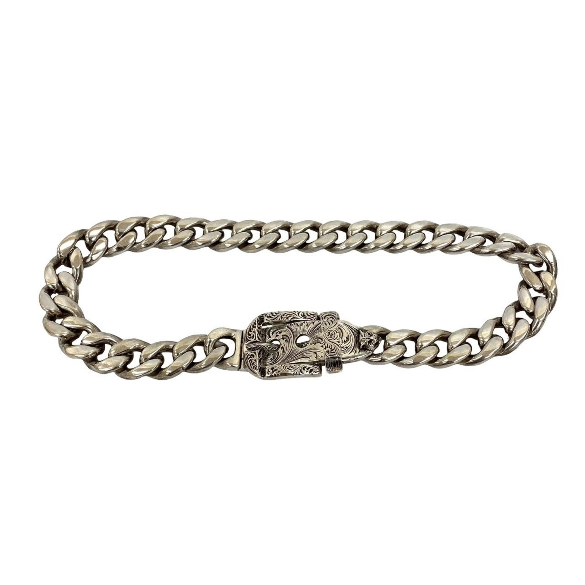 Arabesque Cat Head Curb Chain Pendant Necklace Sterling Silver