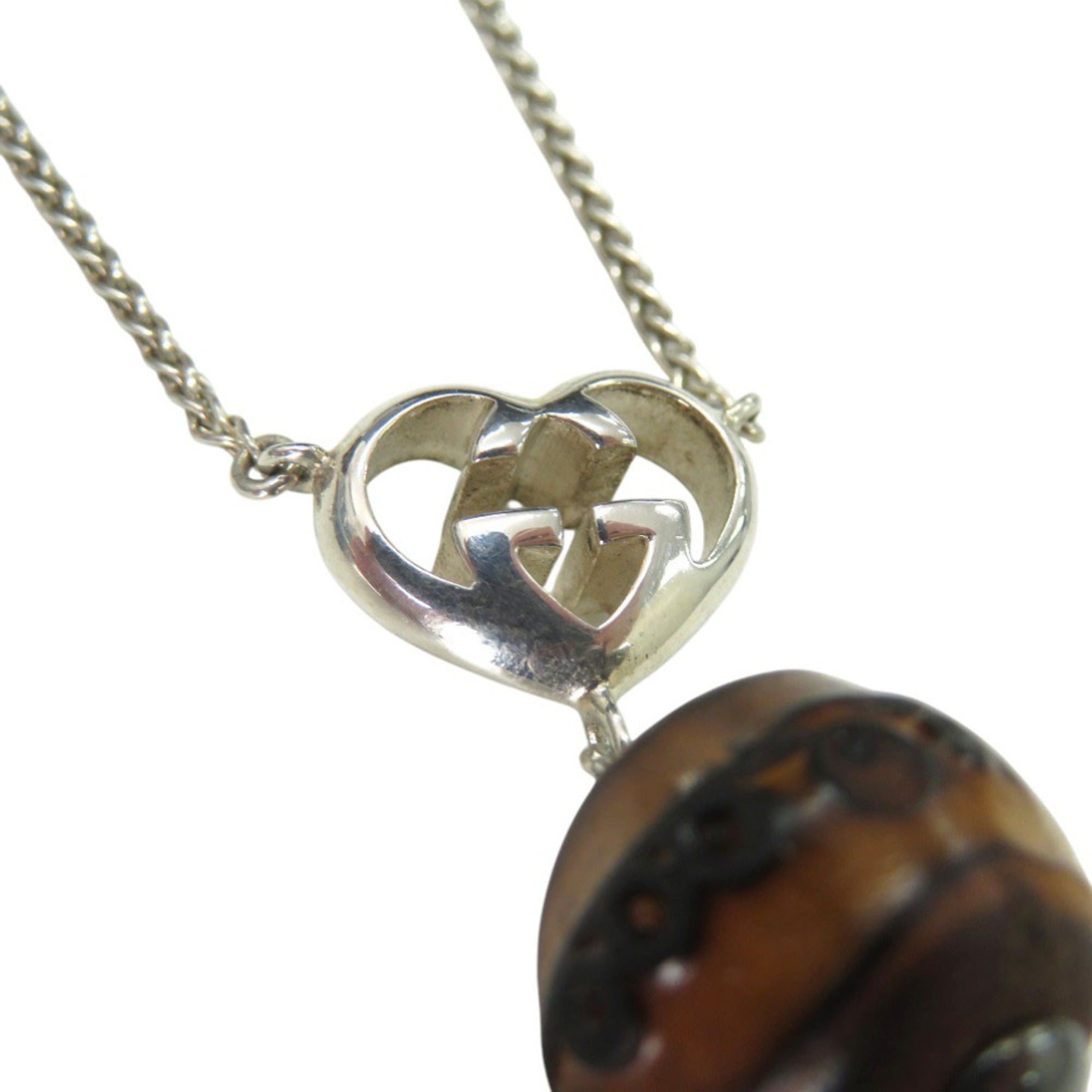 Interlocking G Heart Pendant Necklace Sterling Silver and Wood