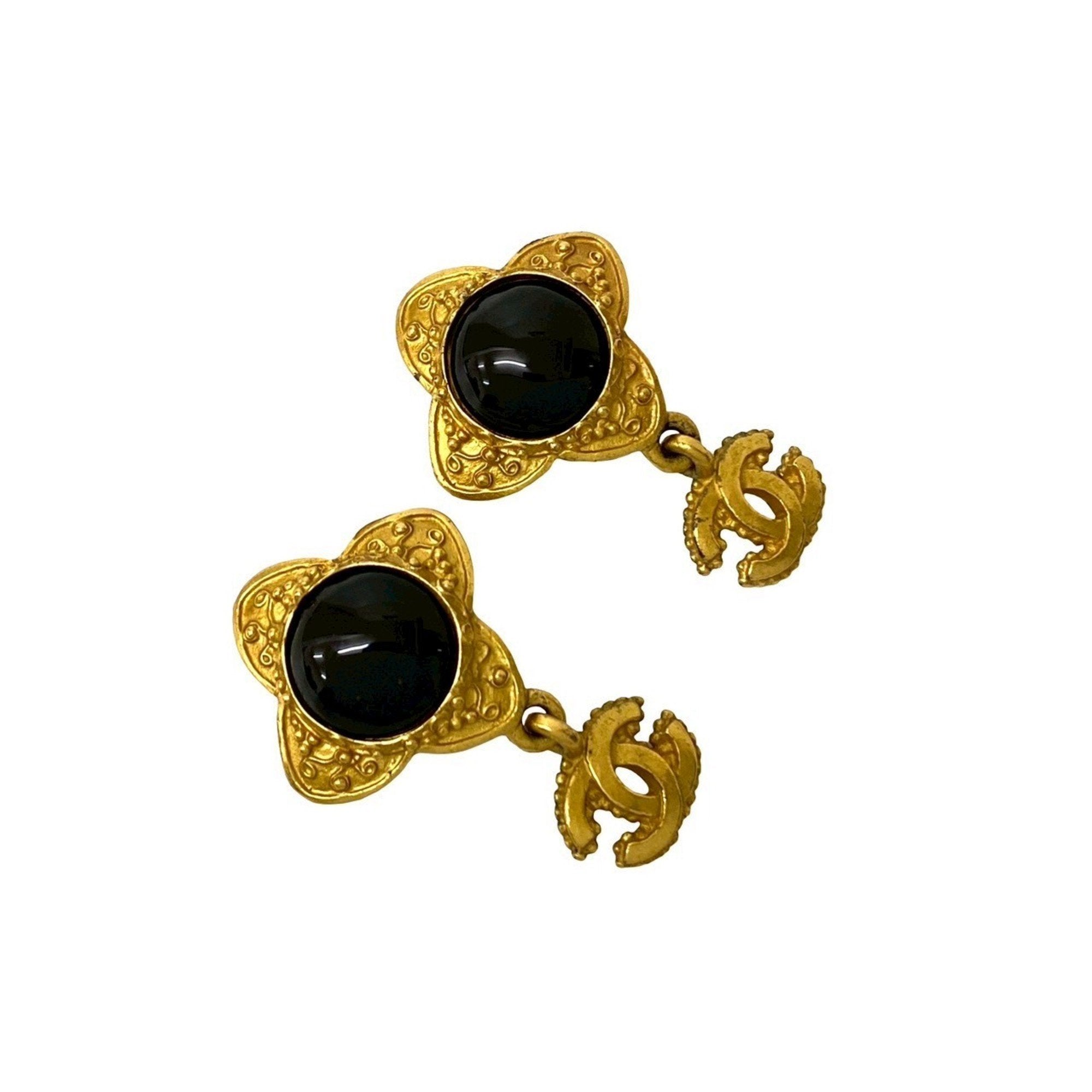 CC Logo Flower Clip-On Earrings Metal Gold-Tone Metal