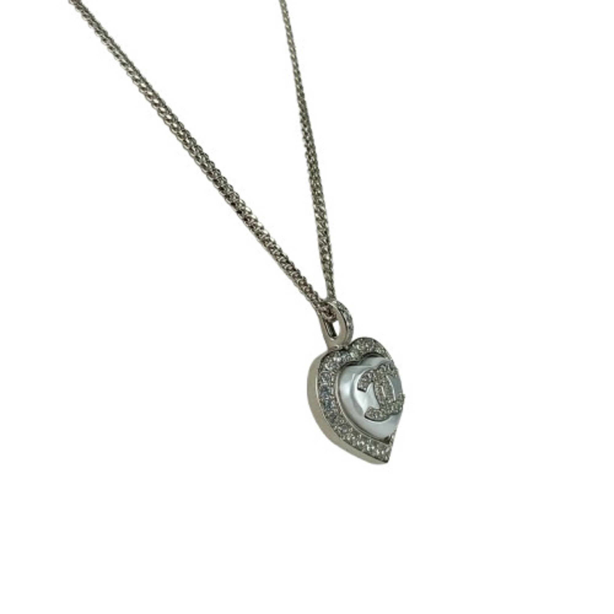 CC Logo Heart Pendant Necklace Silver-Tone Metal