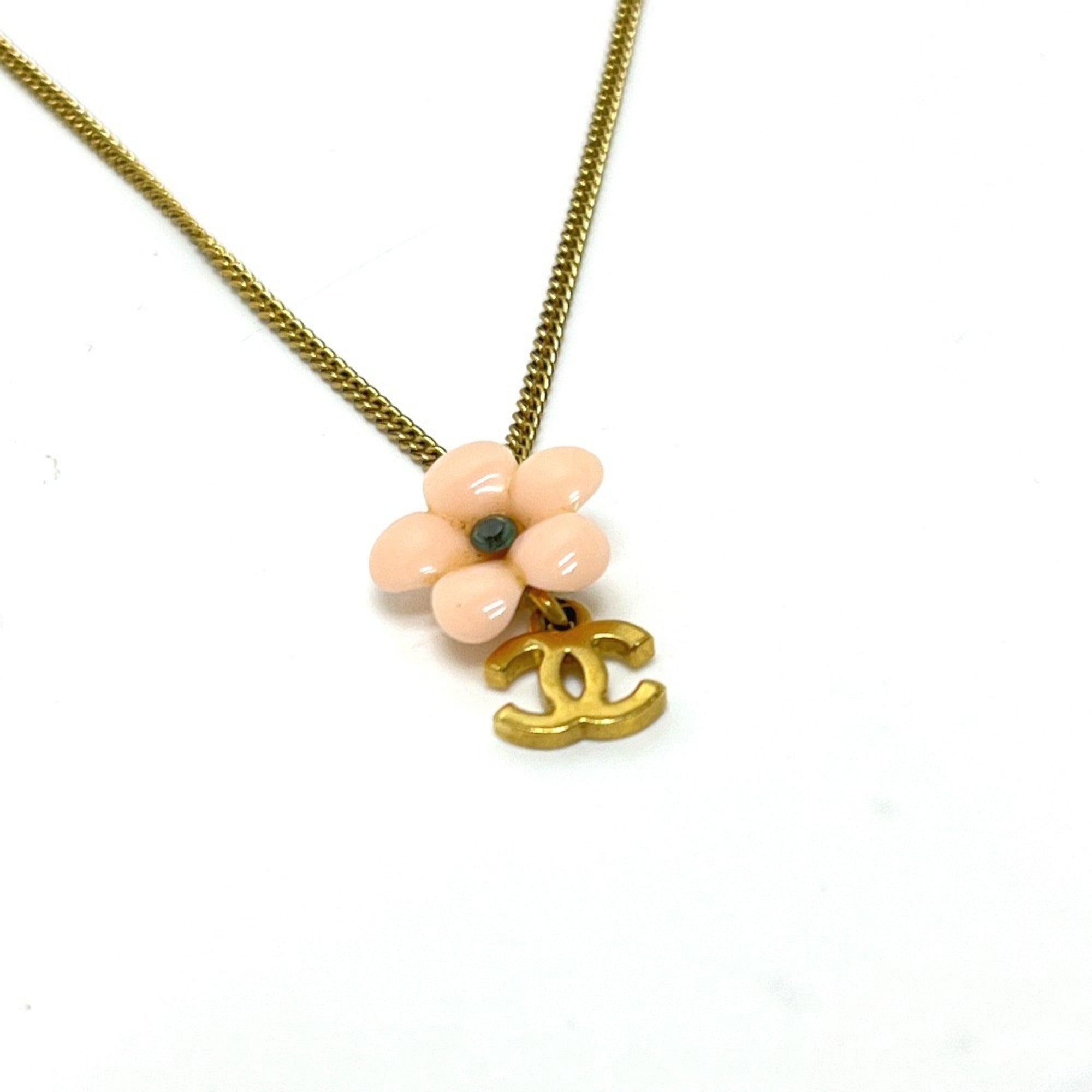 CC Logo Chain Flower Pendant Necklace Gold-Tone Metal