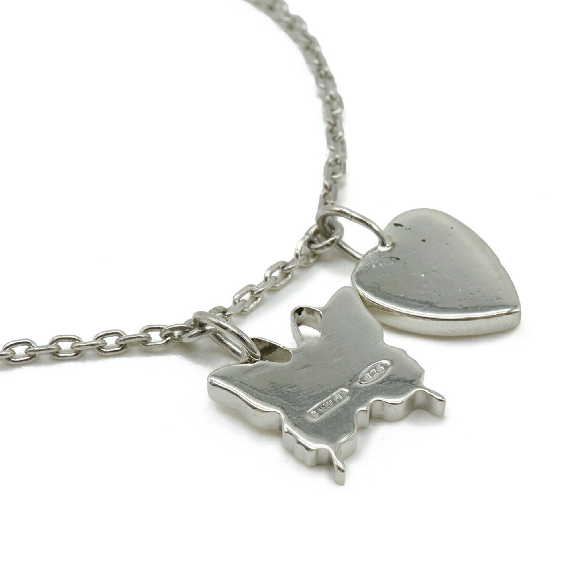 Butterfly and Heart Motif Pendant Necklace Sterling Silver