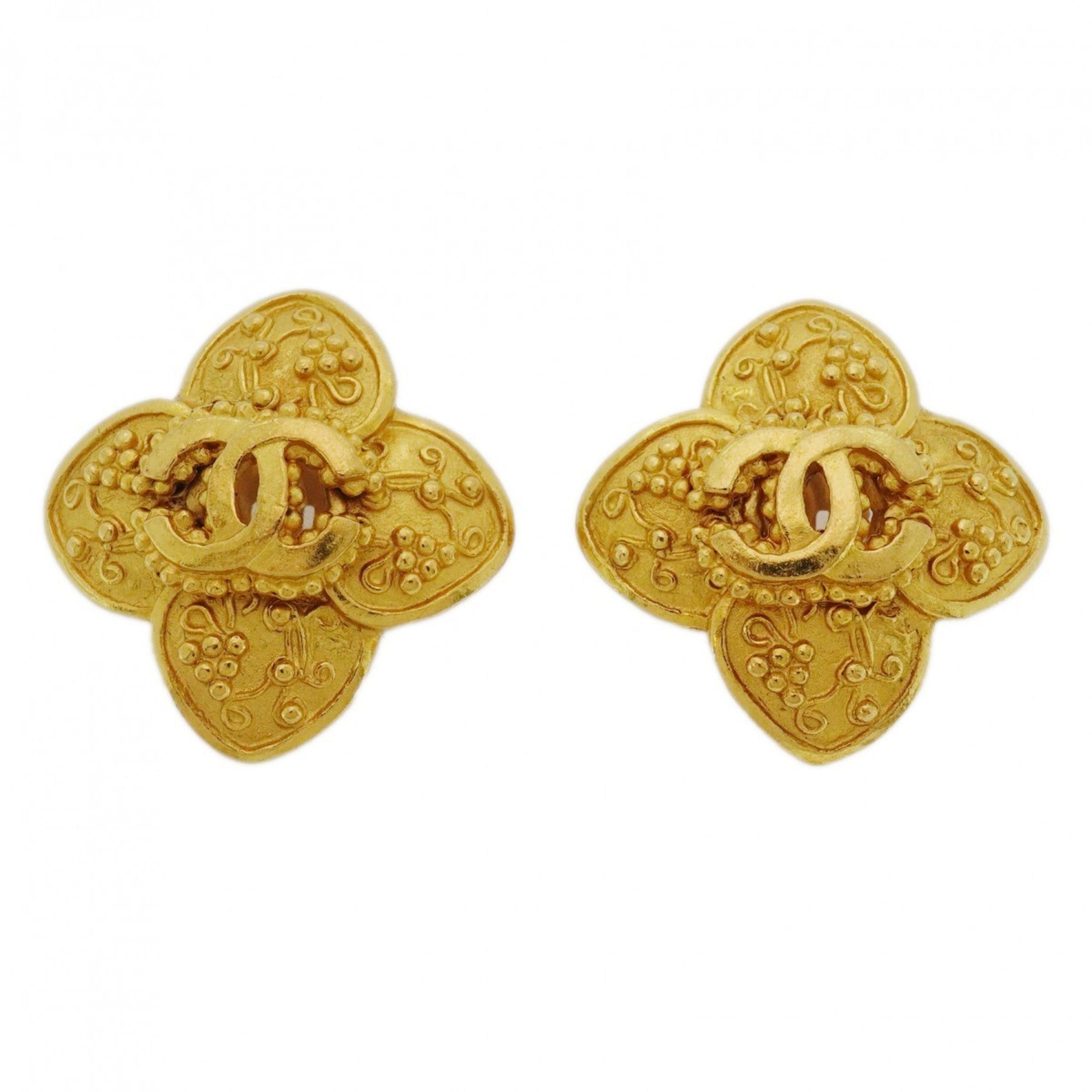 CC Logo Flower Clip-On Earrings Metal Gold-Tone Metal