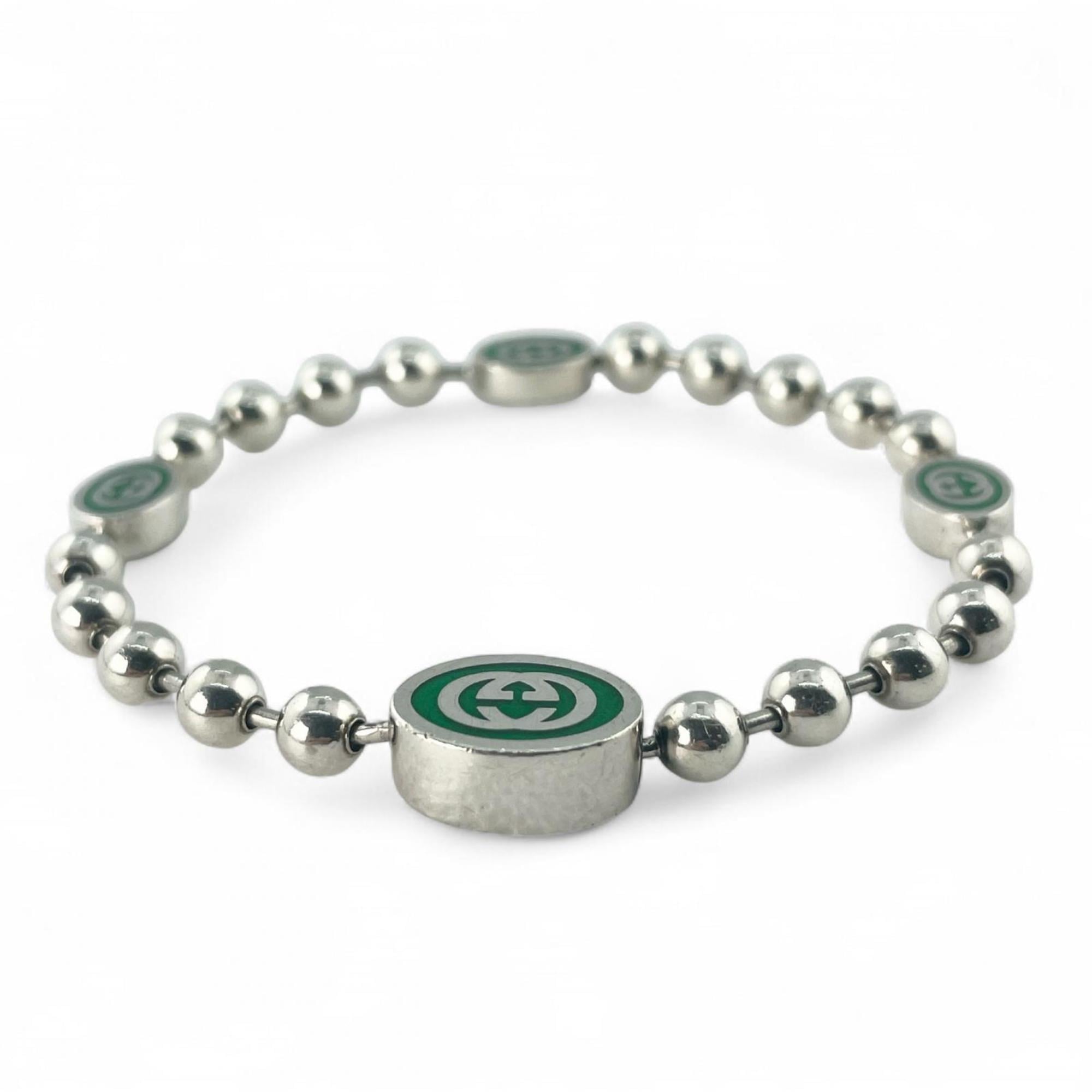 Interlocking G Ball Chain Bracelet Sterling Silver Green