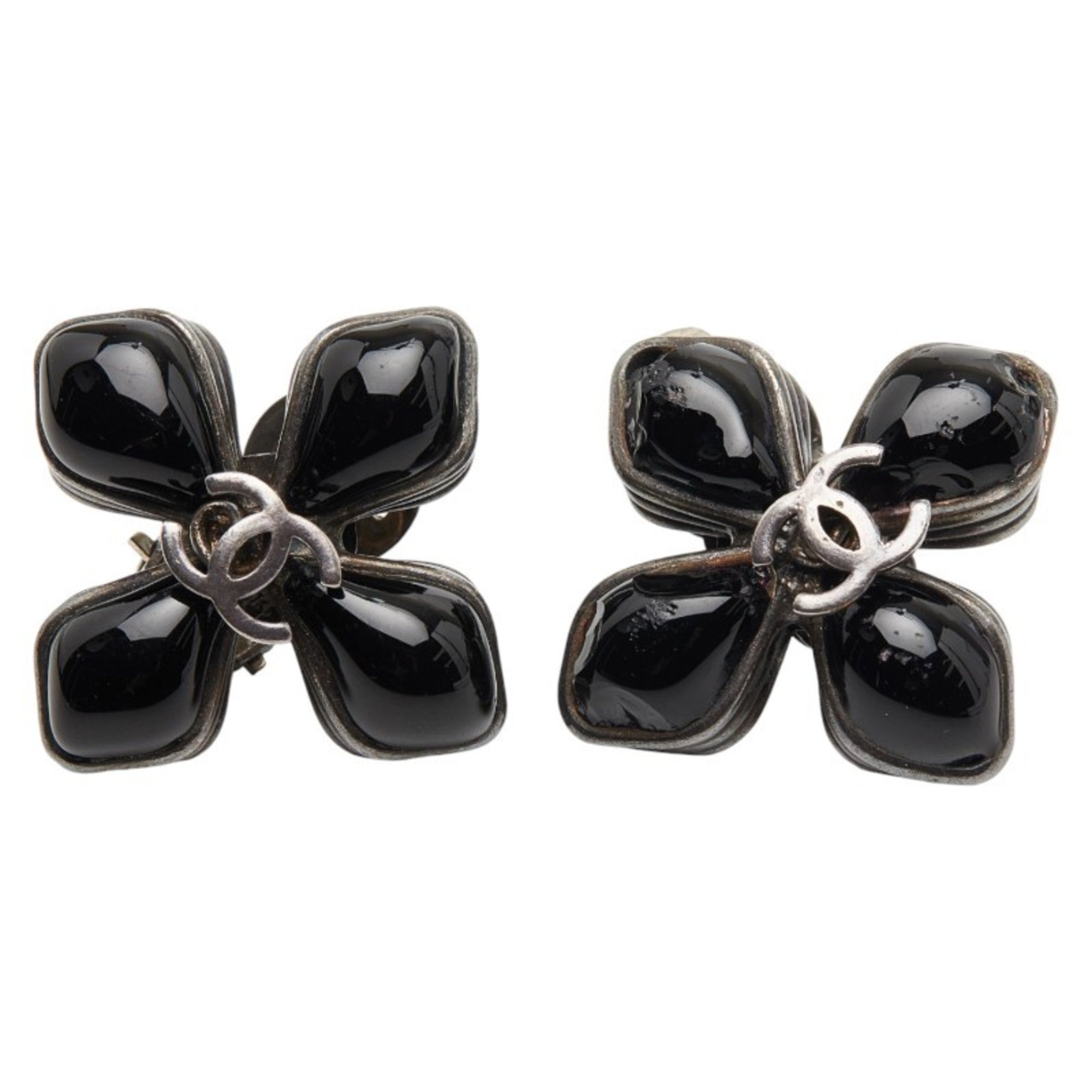 CC Logo Flower Clip-On Earrings Silver-Tone Metal Silver-Tone Metal