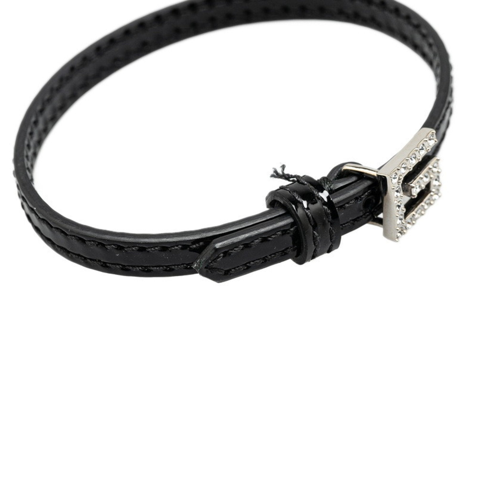 Square G Rhinestone Bracelet Black Leather